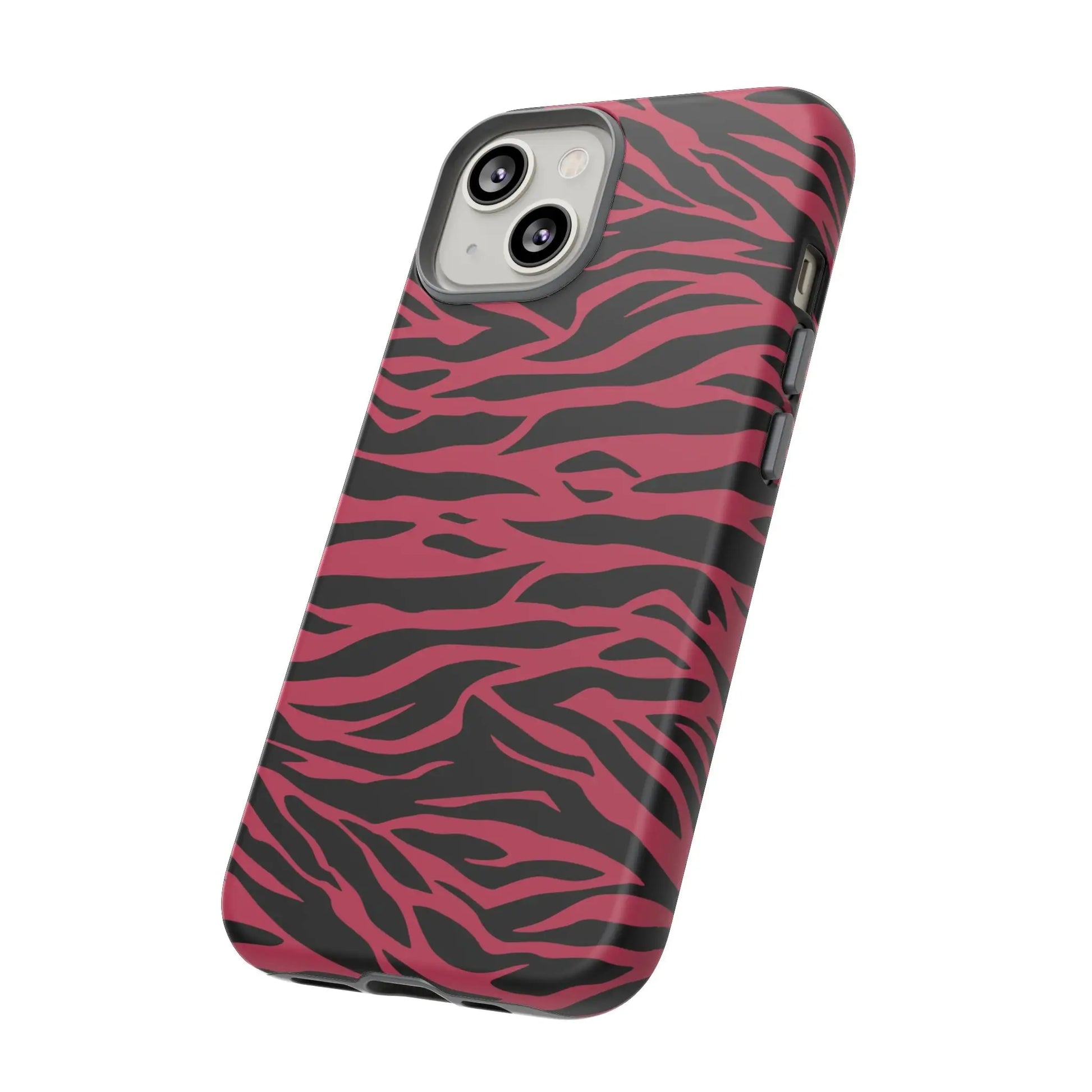 Magenta wild tiger phone case with vibrant pink and black wild tiger pattern print and sleek protective design back view