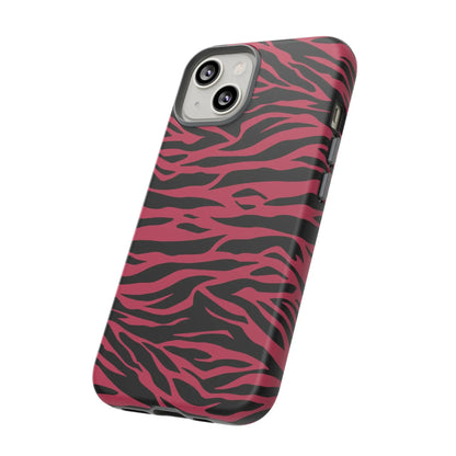 Magenta wild tiger phone case with vibrant pink and black wild tiger pattern print and sleek protective design back view