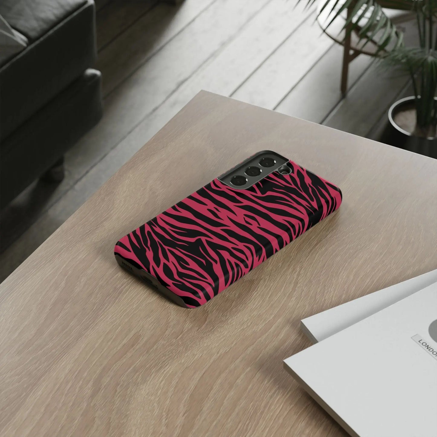 Magenta wild tiger phone case with vibrant pink and black wild tiger pattern print for samsung galaxy s21 back side
