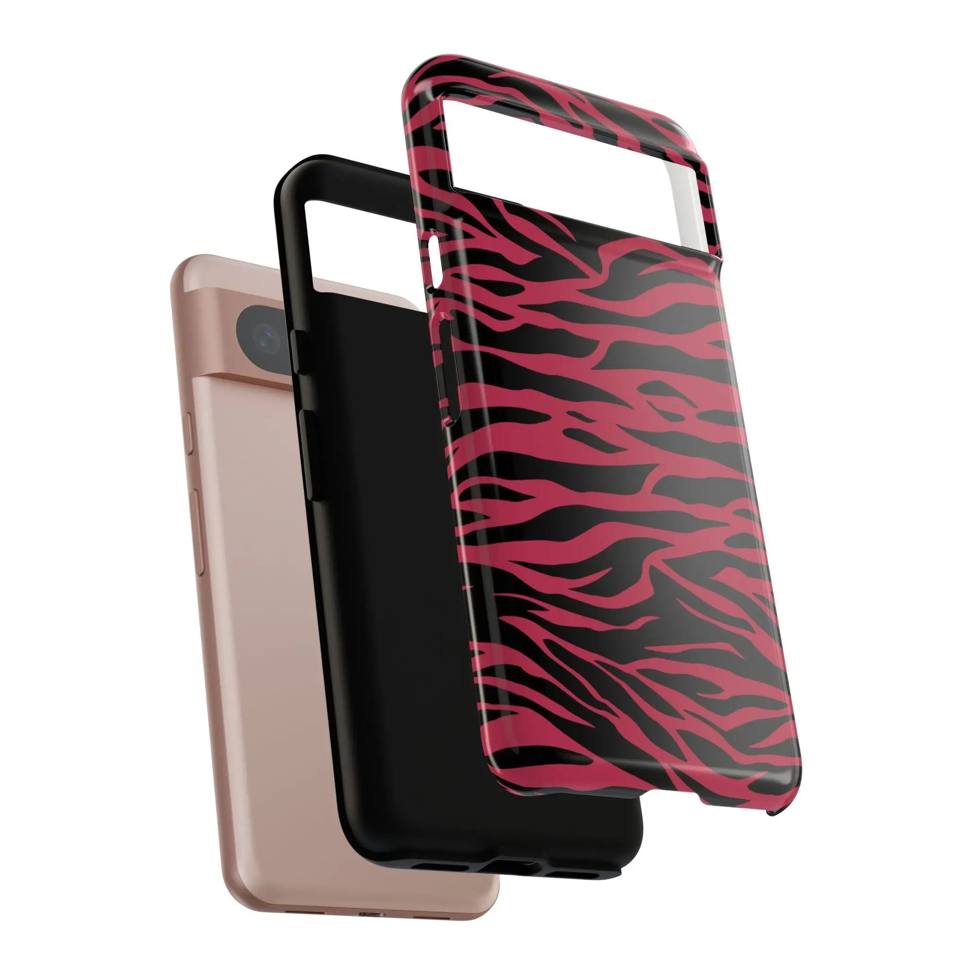 Magenta wild tiger pattern print phone case in glossy pink and black zebra print showing the back side