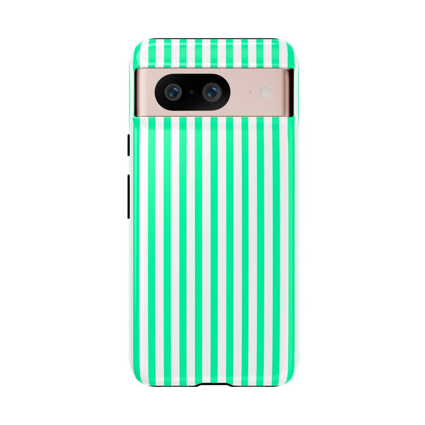 Back side of a mint green vertical stripe phone case with white stripes and a glossy finish tough case design