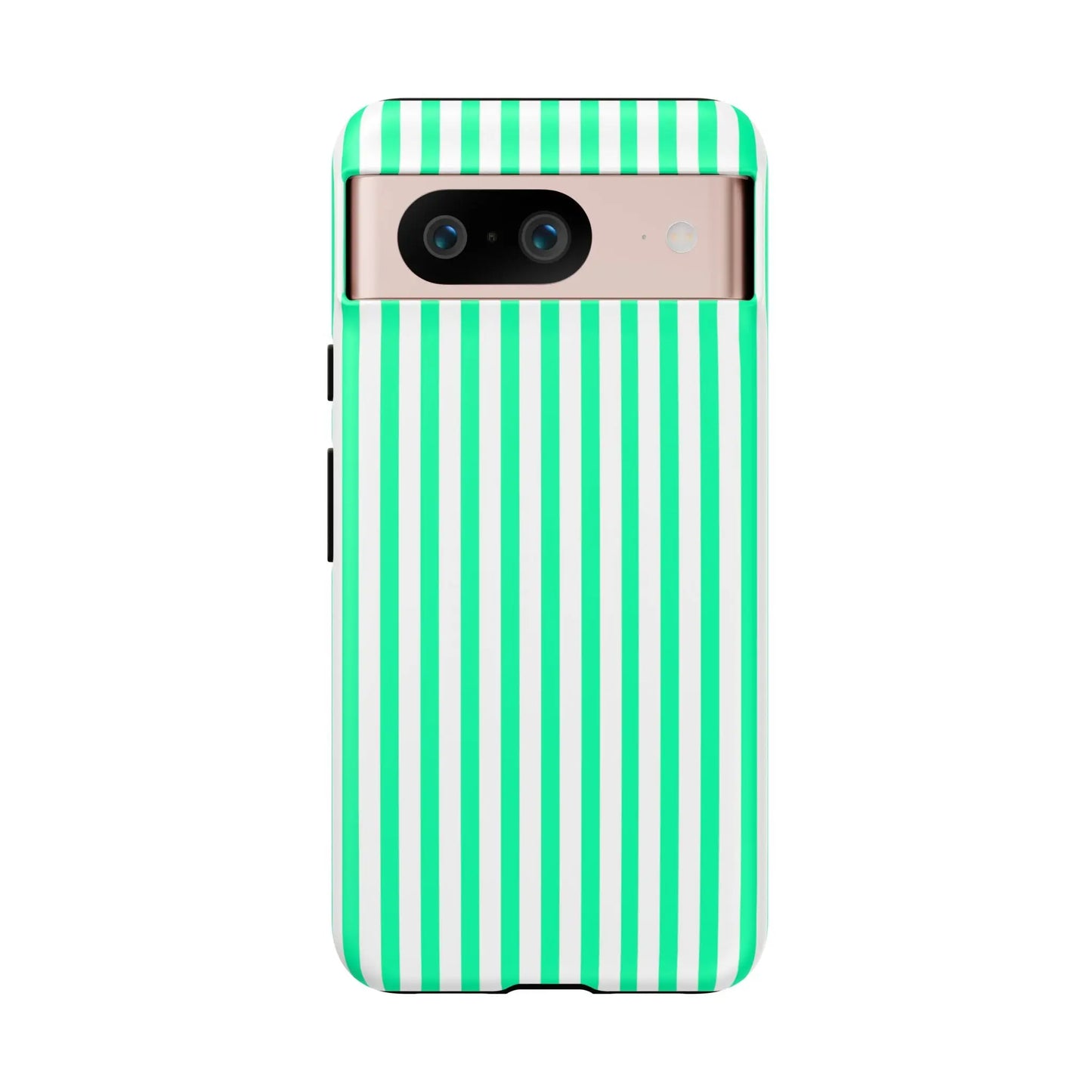 Back side of a mint green vertical stripe tough phone case with white stripes and rose gold camera module