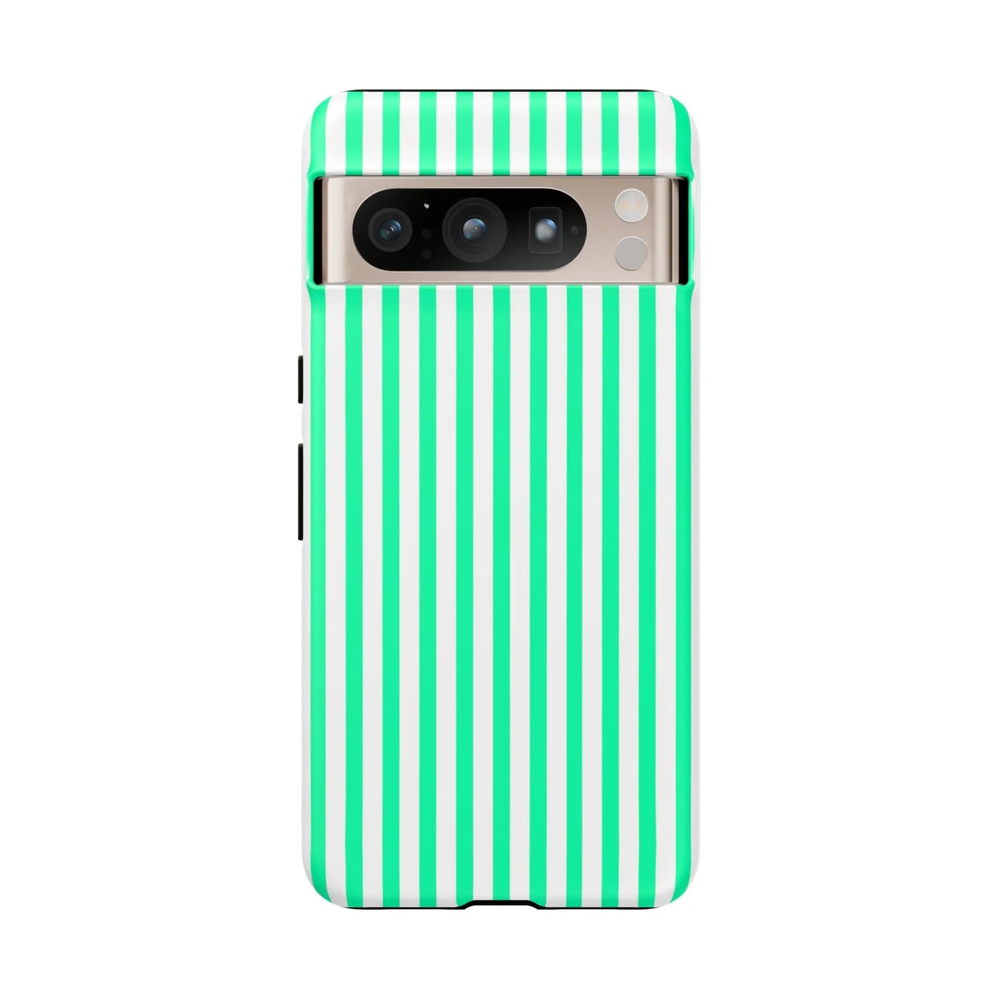 Mint green vertical stripe phone case with white stripes and a sleek modern design shown from the back side