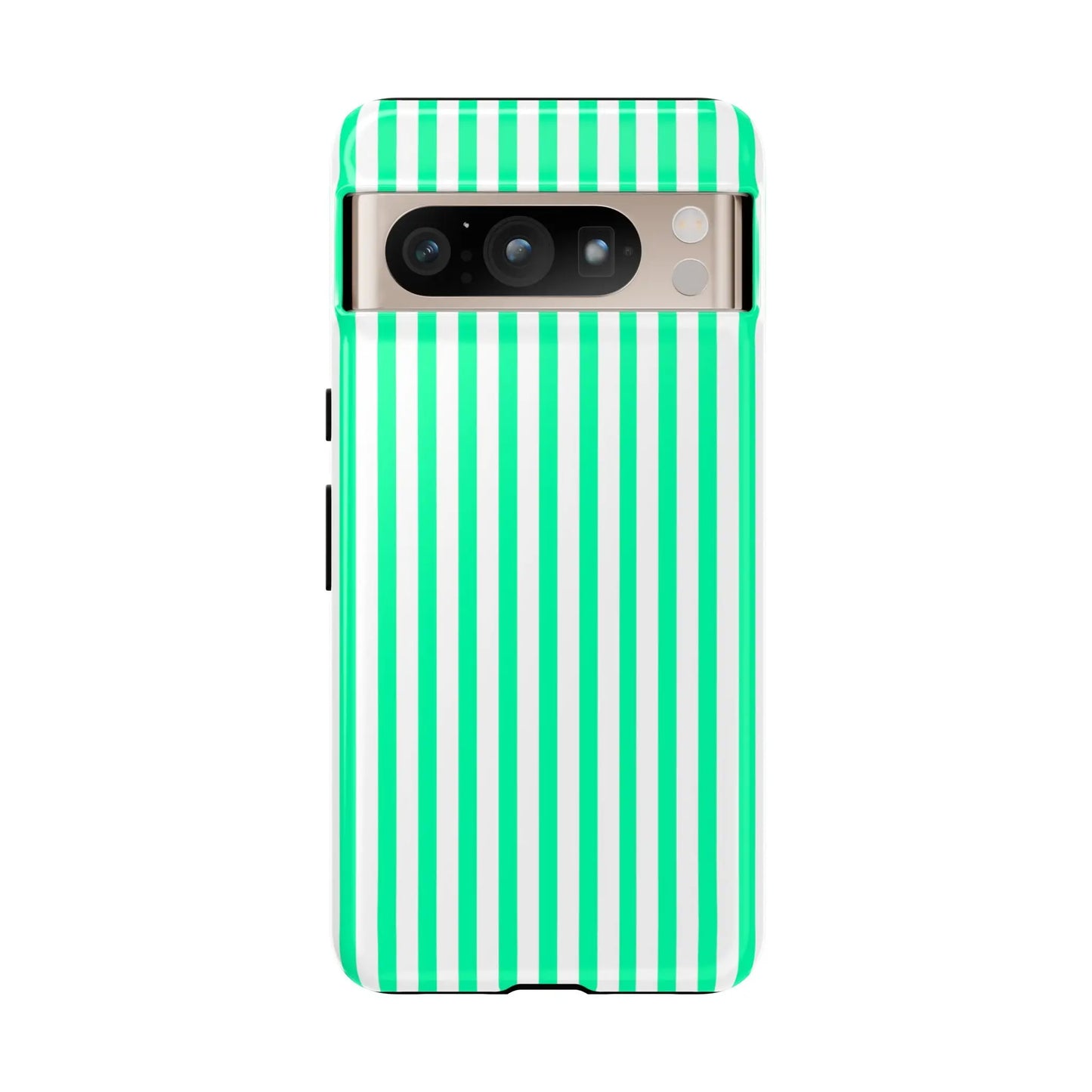 Back view of a mint green vertical stripe phone case with white stripes and a sleek modern tough design