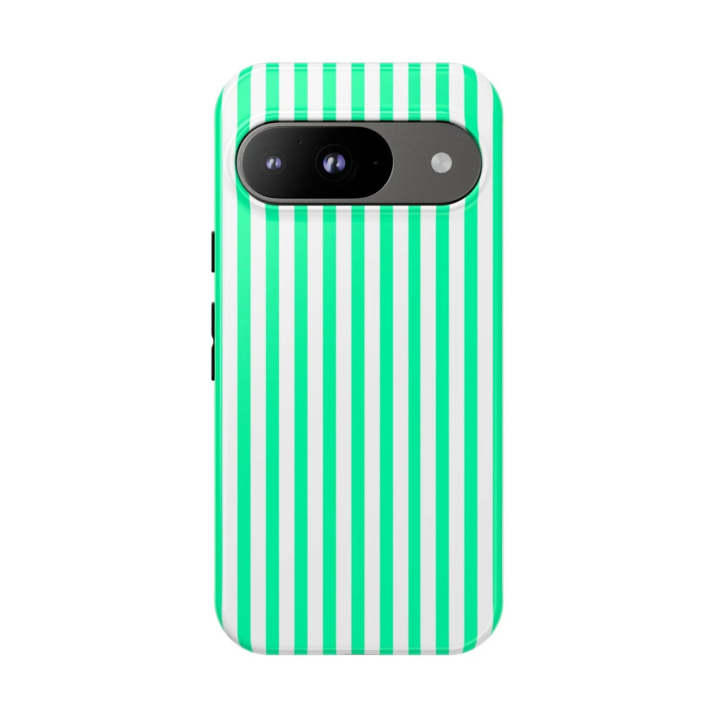 Back side of a tough phone case with a sleek mint green vertical stripe design in green and white colors
