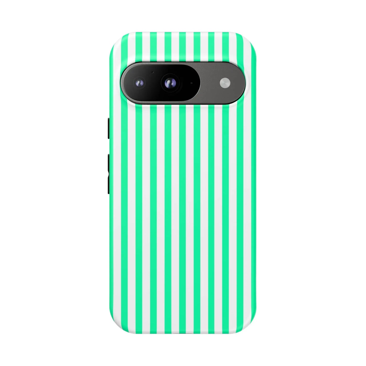 Mint green vertical stripe tough phone case with white stripes and sleek modern design showing back side