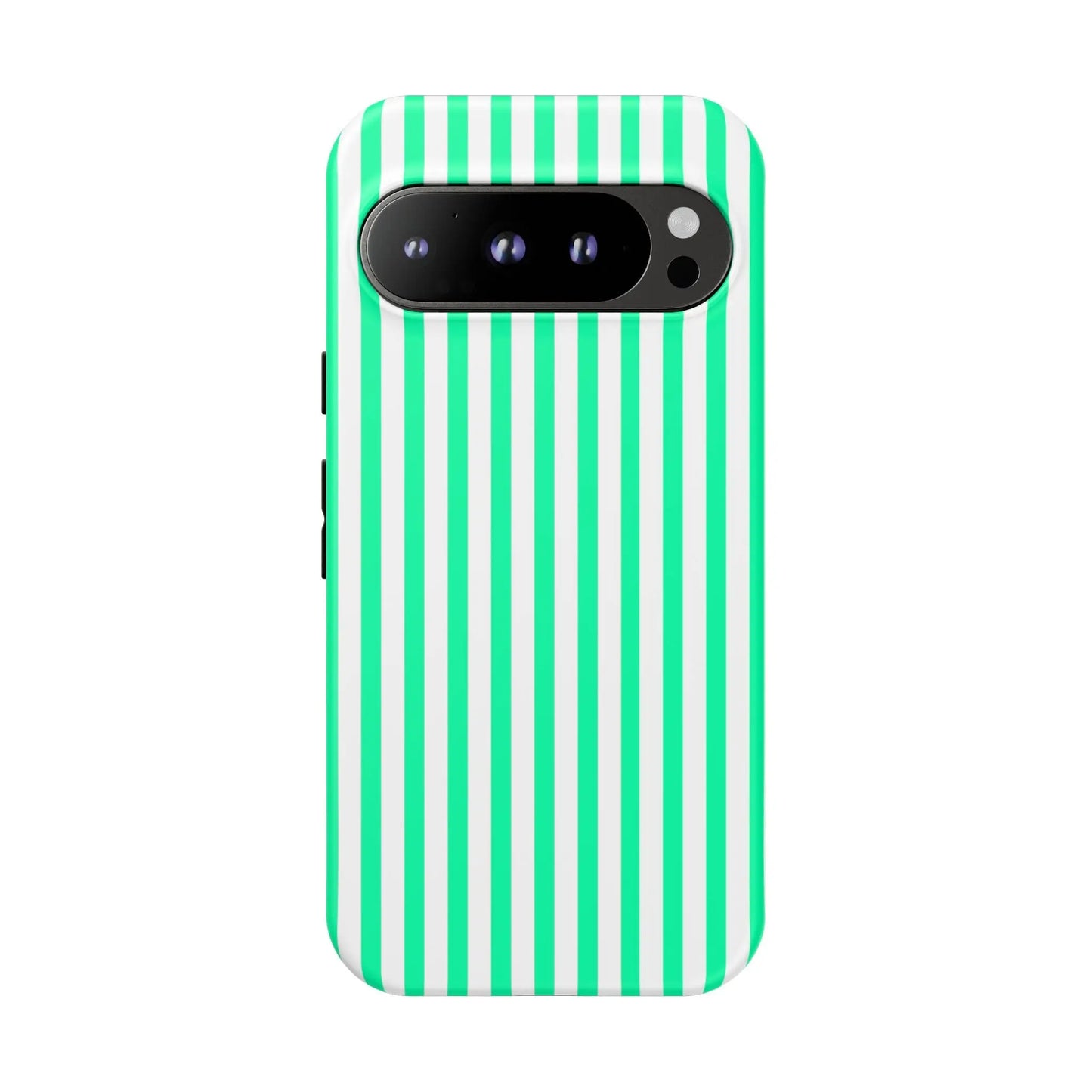 Back of a sleek tough phone case with bold mint green vertical stripe and white stripes fitting a modern smartphone