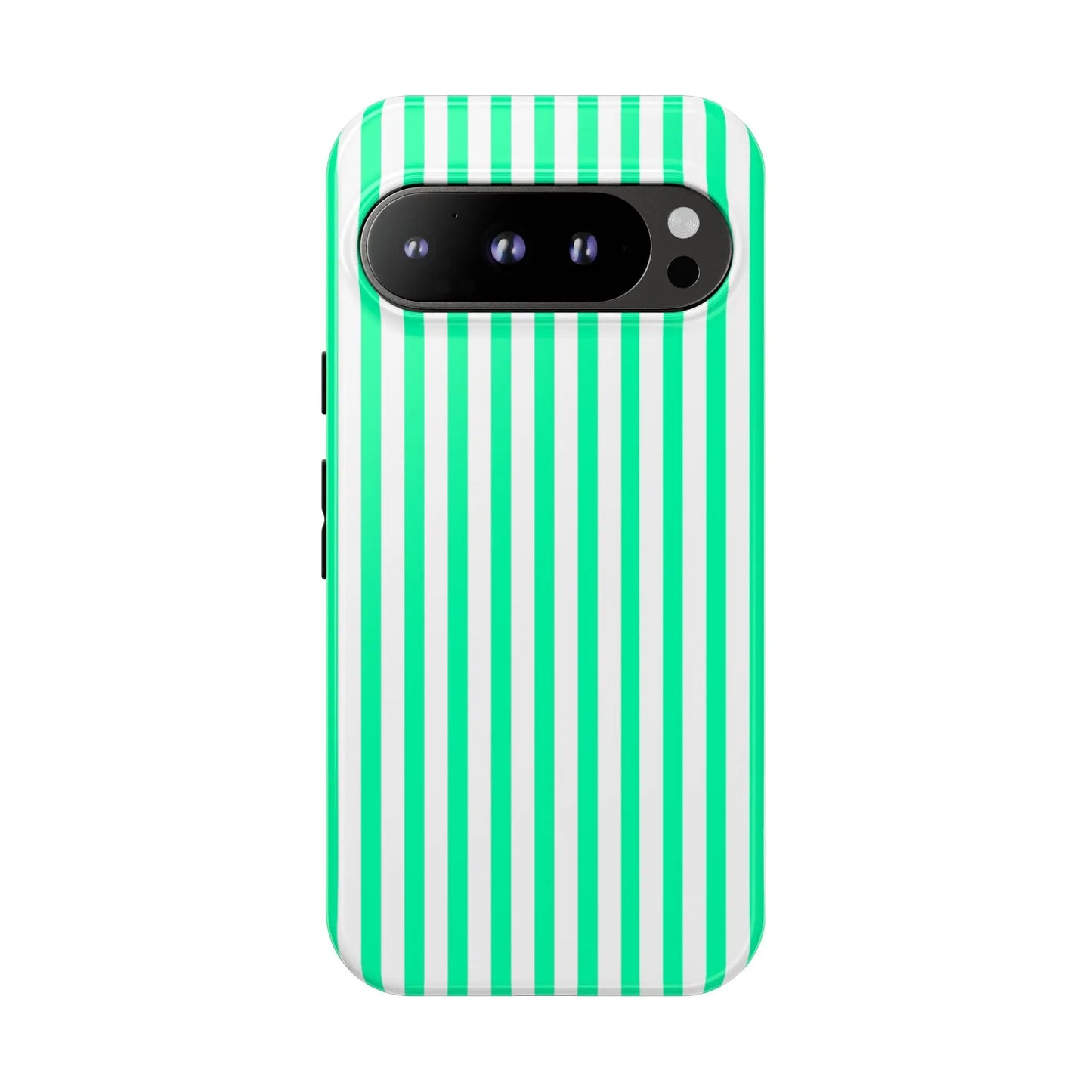Back side of a sleek mint green vertical stripe phone case with vibrant green and white vertical stripe design