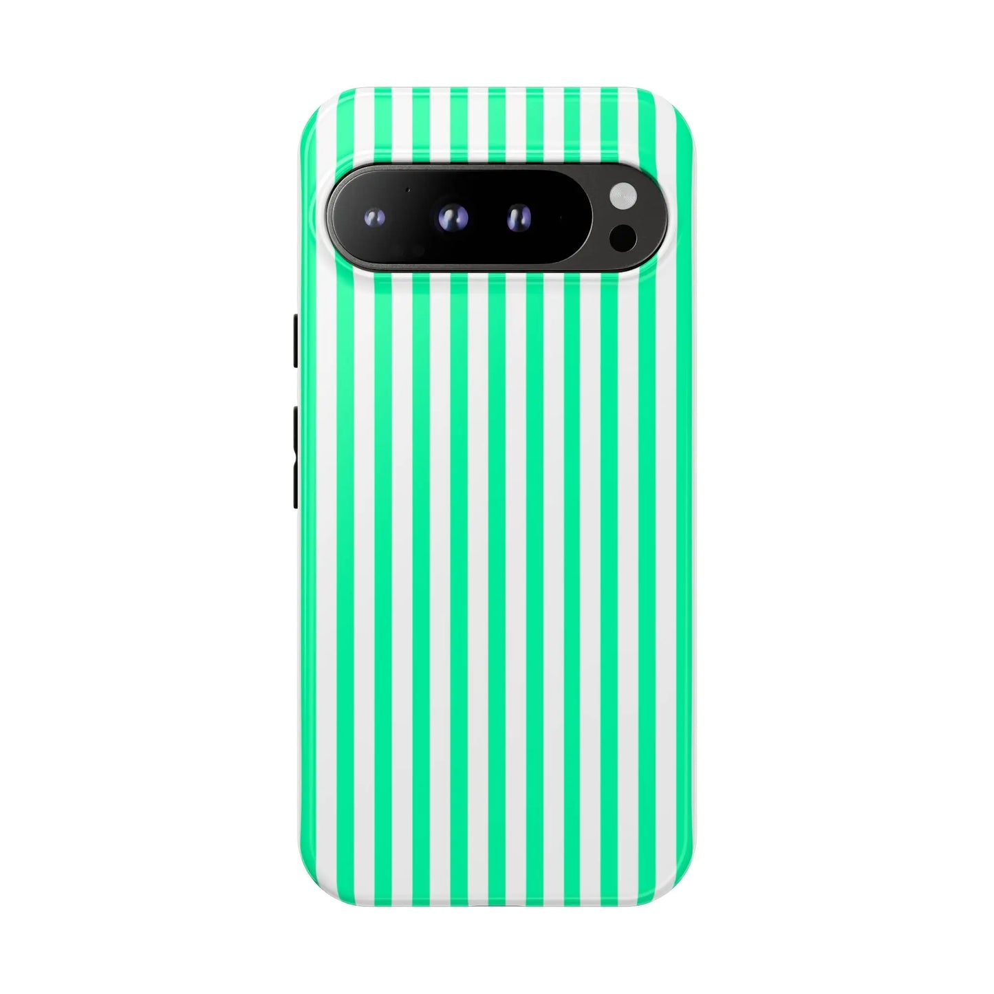 Back view of a tough mint green vertical stripe phone case with white stripes and a sleek modern design