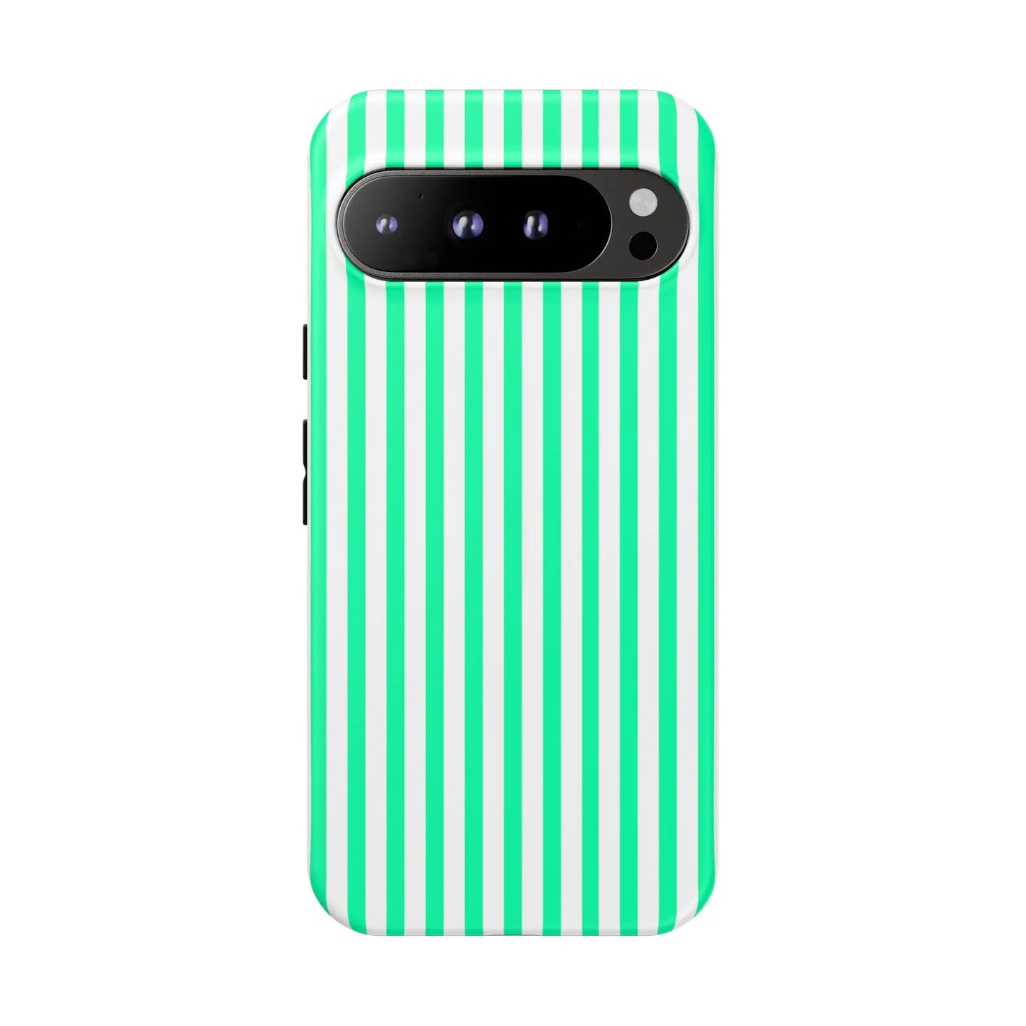 Back side of a sleek tough phone case with bold mint green vertical stripe and white stripes for modern smartphones