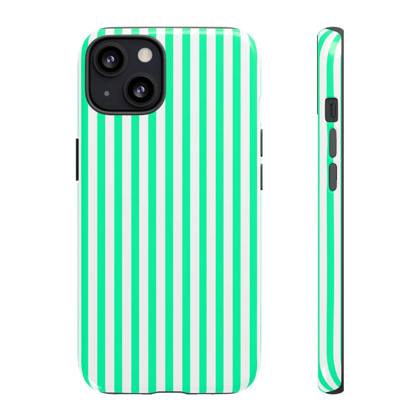 Back of a sleek mint green vertical stripe phone case with white stripes and a glossy finish tough protective design