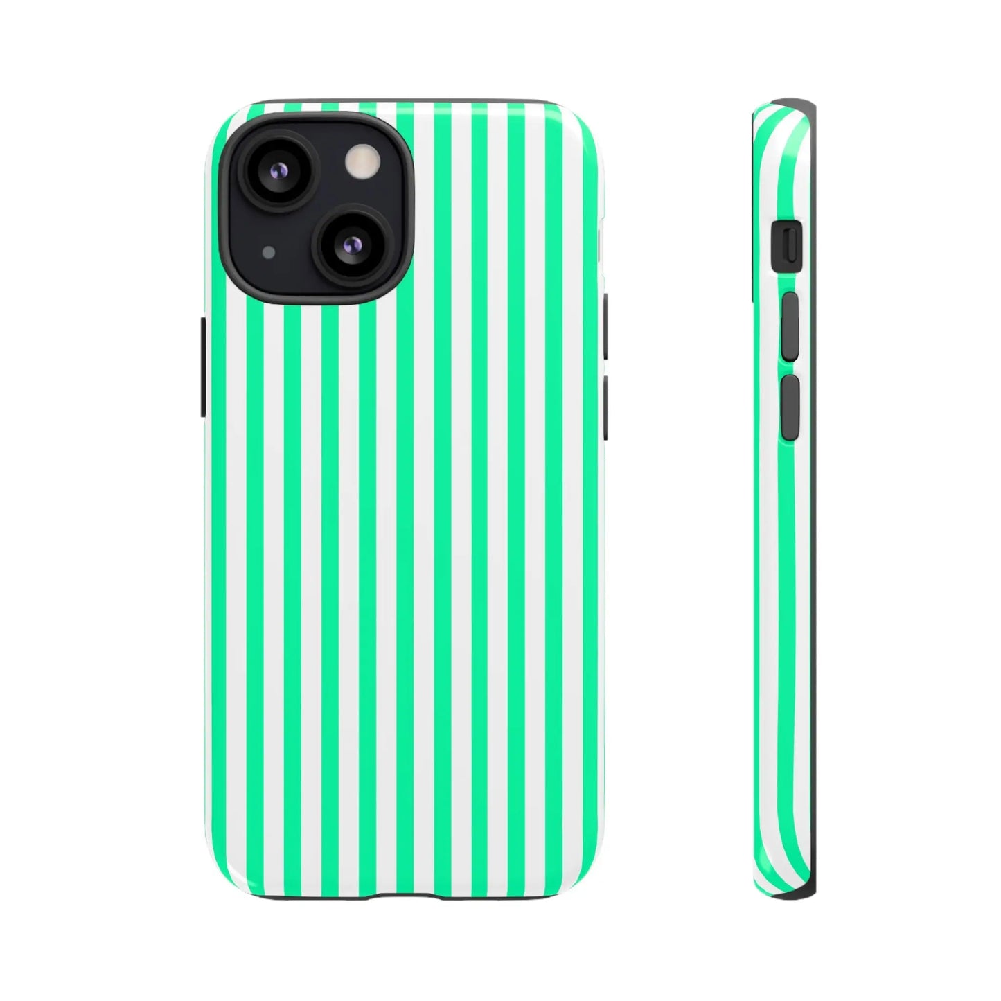 A sleek tough phone case for iphone 13 with bold mint green vertical stripe and crisp white stripes on the back side