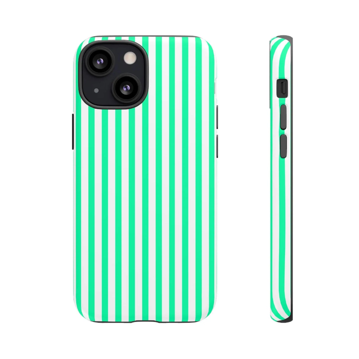 Back side of a tough phone case for iphone 13 with bold mint green vertical stripe design and crisp white accents
