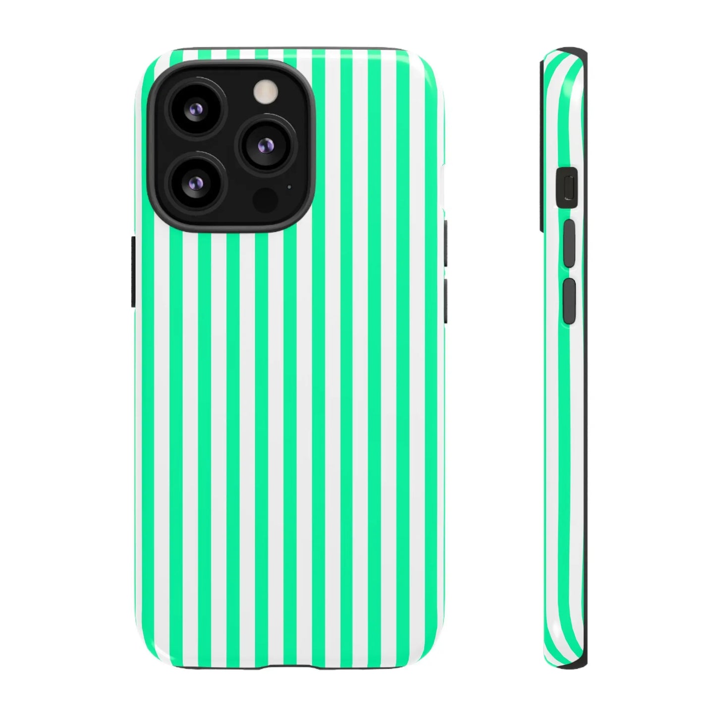 Back side of a tough phone case in mint green vertical stripe design with white protective material