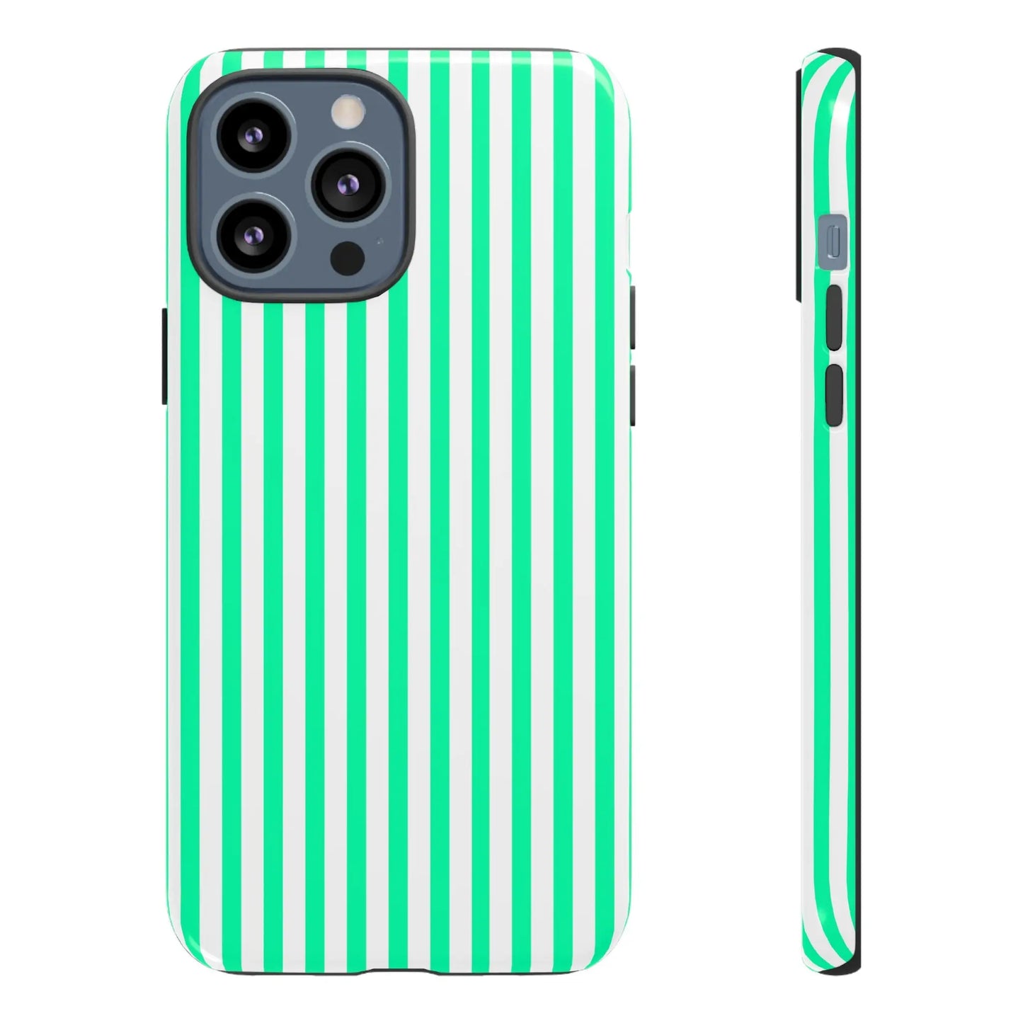 Back of a sleek tough phone case with bold mint green vertical stripe and white stripes for iphone 13 pro max