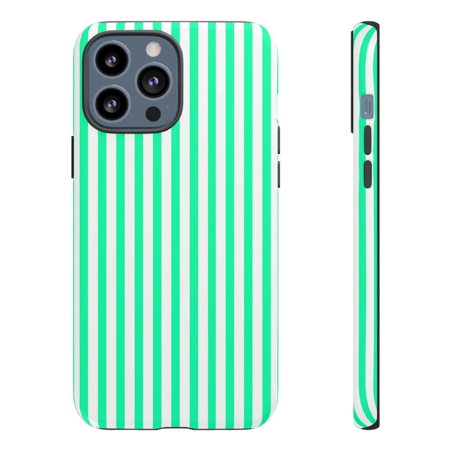 A sleek tough phone case with bold mint green vertical stripe and white stripes for iphone 13 pro max back side