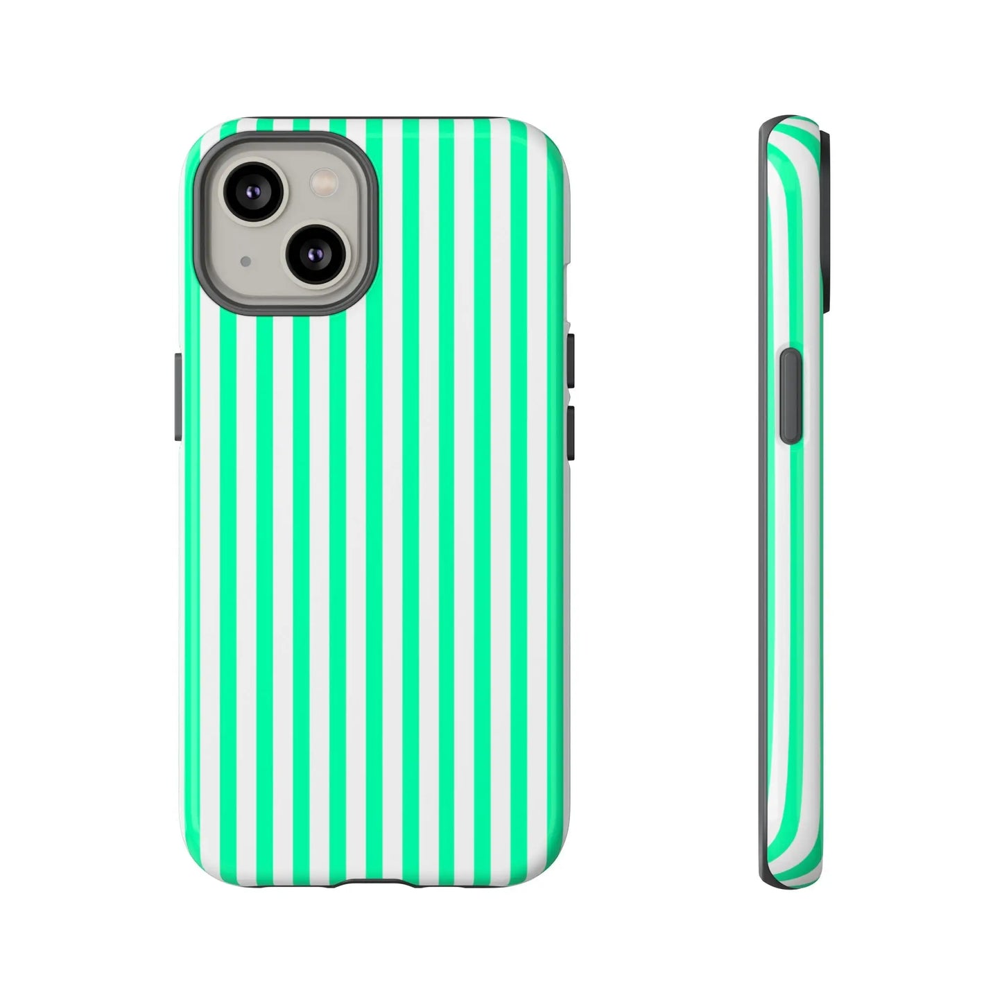 Back view of a sleek mint green vertical stripe tough case designed to protect an iphone 13 with green vertical stripe pattern