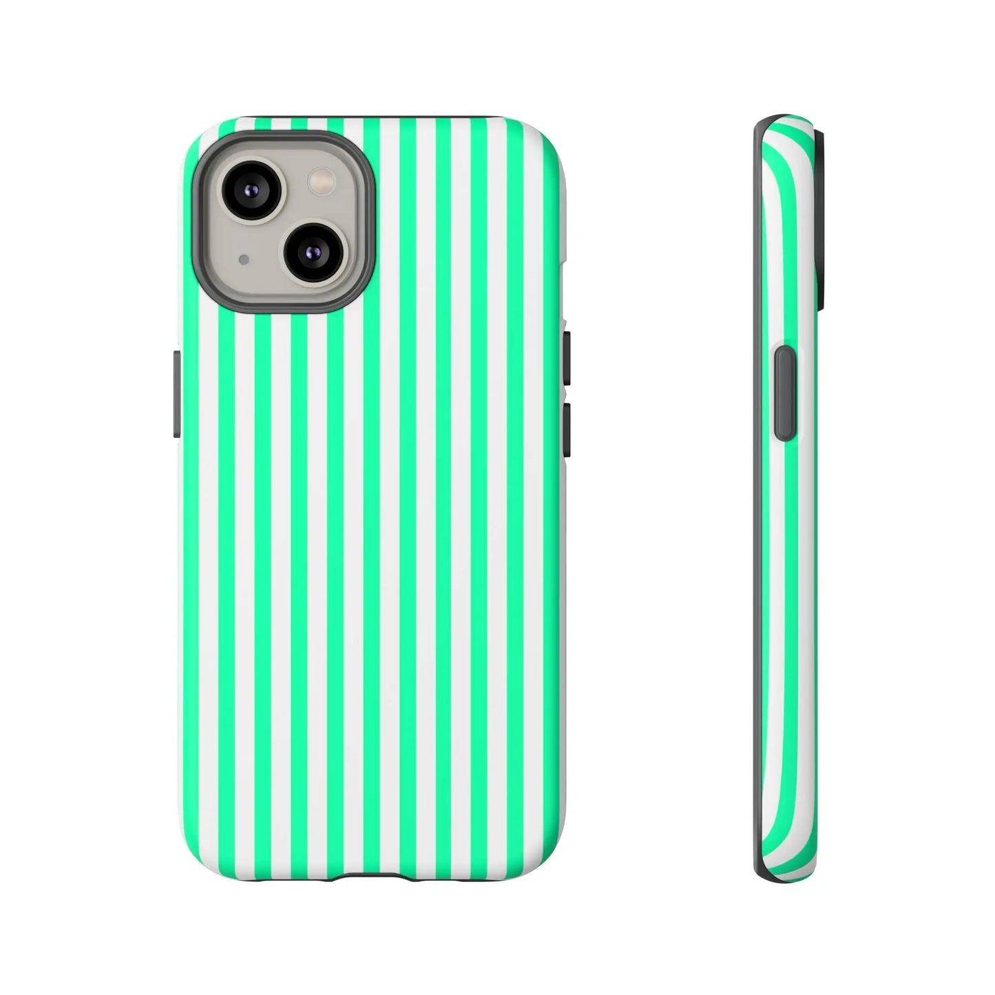 Back view of a sleek tough phone case for iphone 13 with bold mint green vertical stripe design