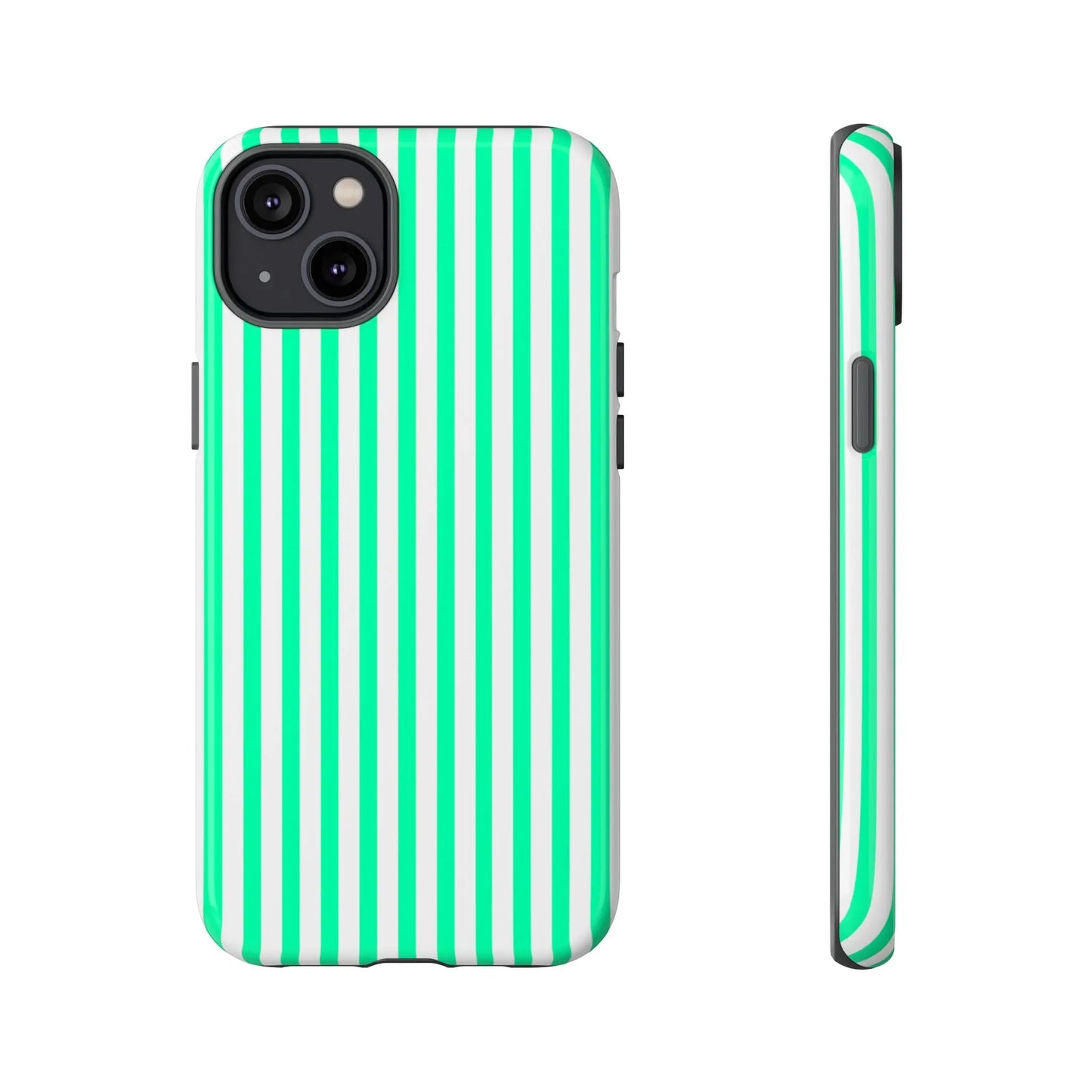 A sleek tough phone case with bold mint green vertical stripe design on the back for iphone 13