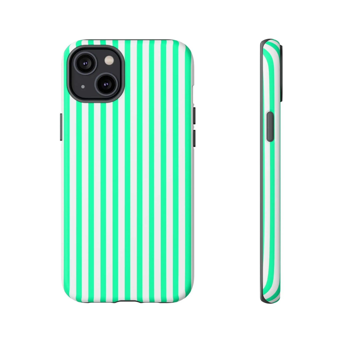 Back side of a sleek mint green vertical stripe phone case designed for iphone 13 with bold white stripes and tough protection