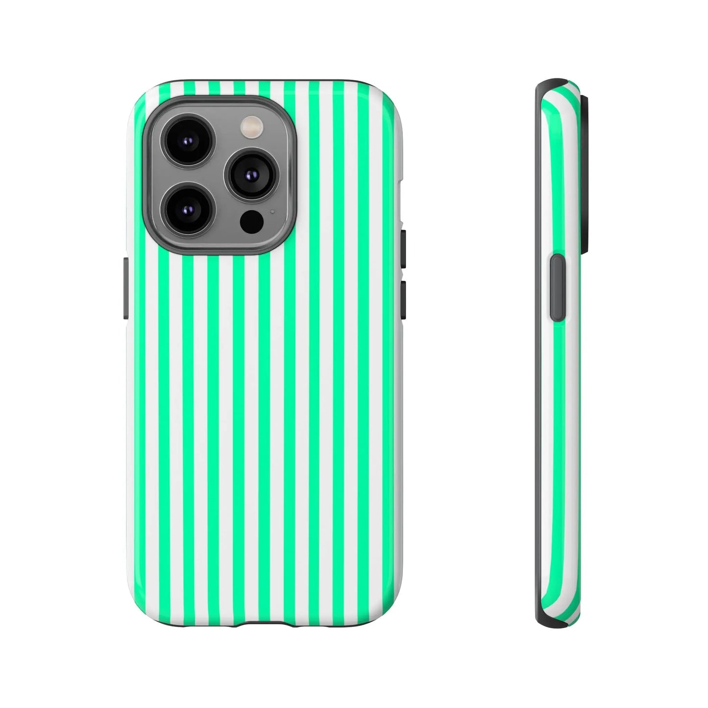 Back side of a sleek tough phone case for iphone 13 pro with bold mint green vertical stripe and white stripes