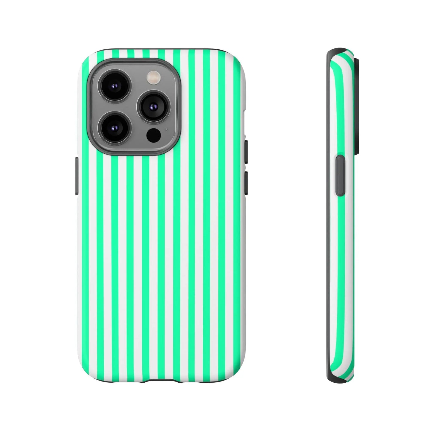 Back side of a sleek tough phone case with bold mint green vertical stripe and white stripes for iphone 13 pro