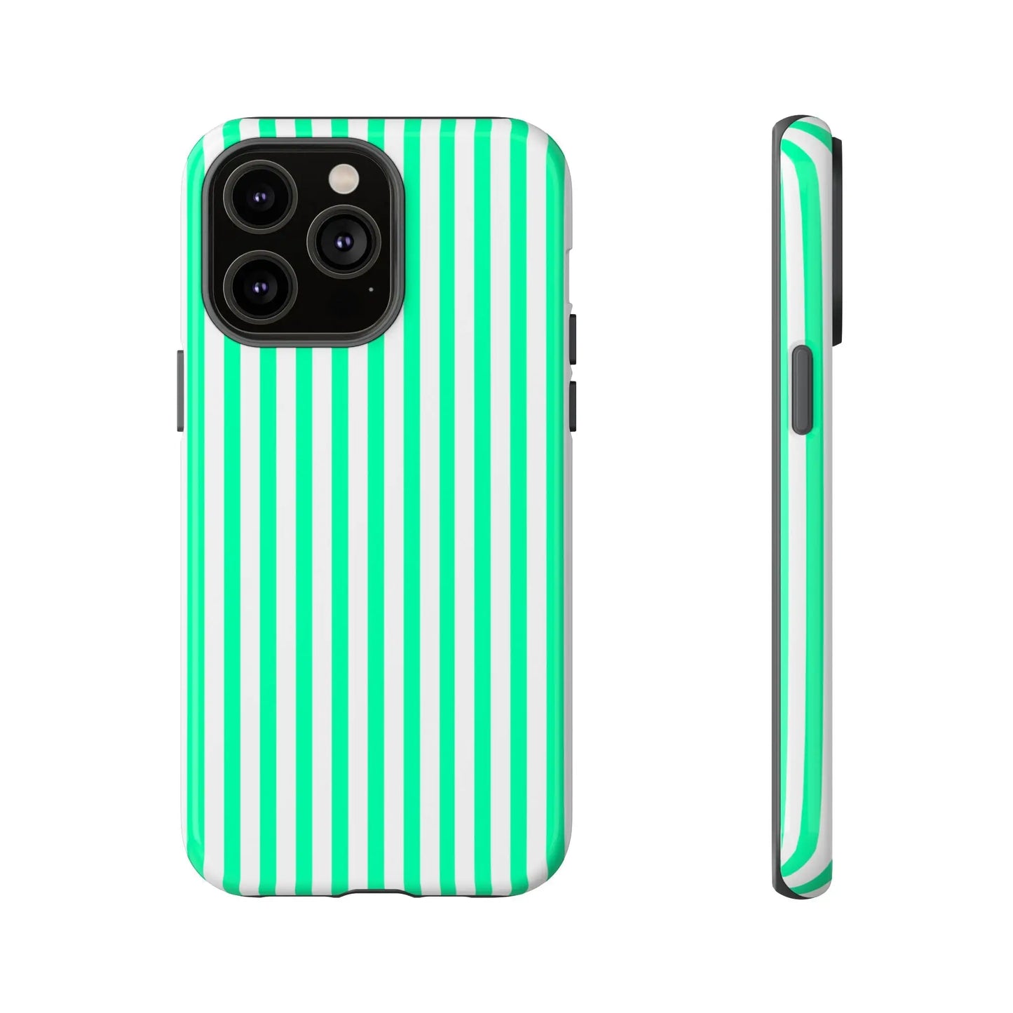 Back of a sleek tough phone case for iphone 13 pro with bold mint green vertical stripe and white stripes design