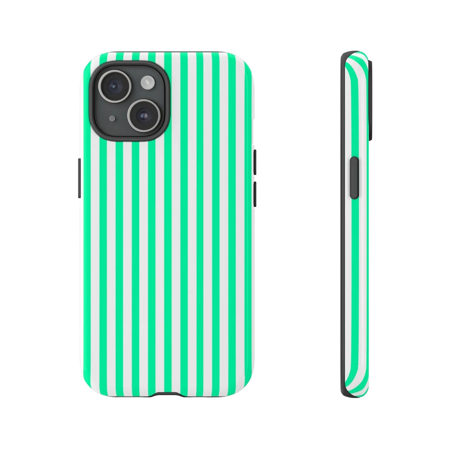 Back side of a sleek tough phone case with bold mint green vertical stripes and crisp white for modern smartphones