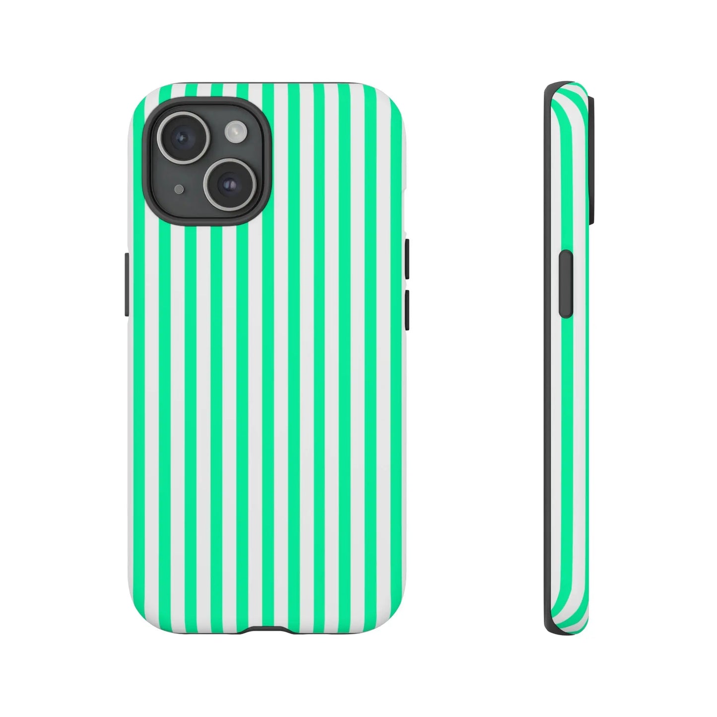 A sleek tough iphone 13 phone case featuring bold mint green vertical stripe and crisp white stripes on the back side