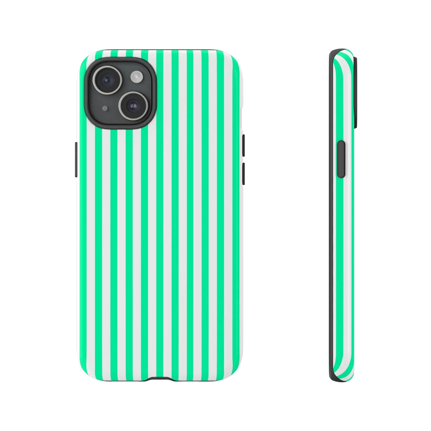 Back side of a sleek tough iphone 13 case with bold mint green vertical stripe and crisp white design