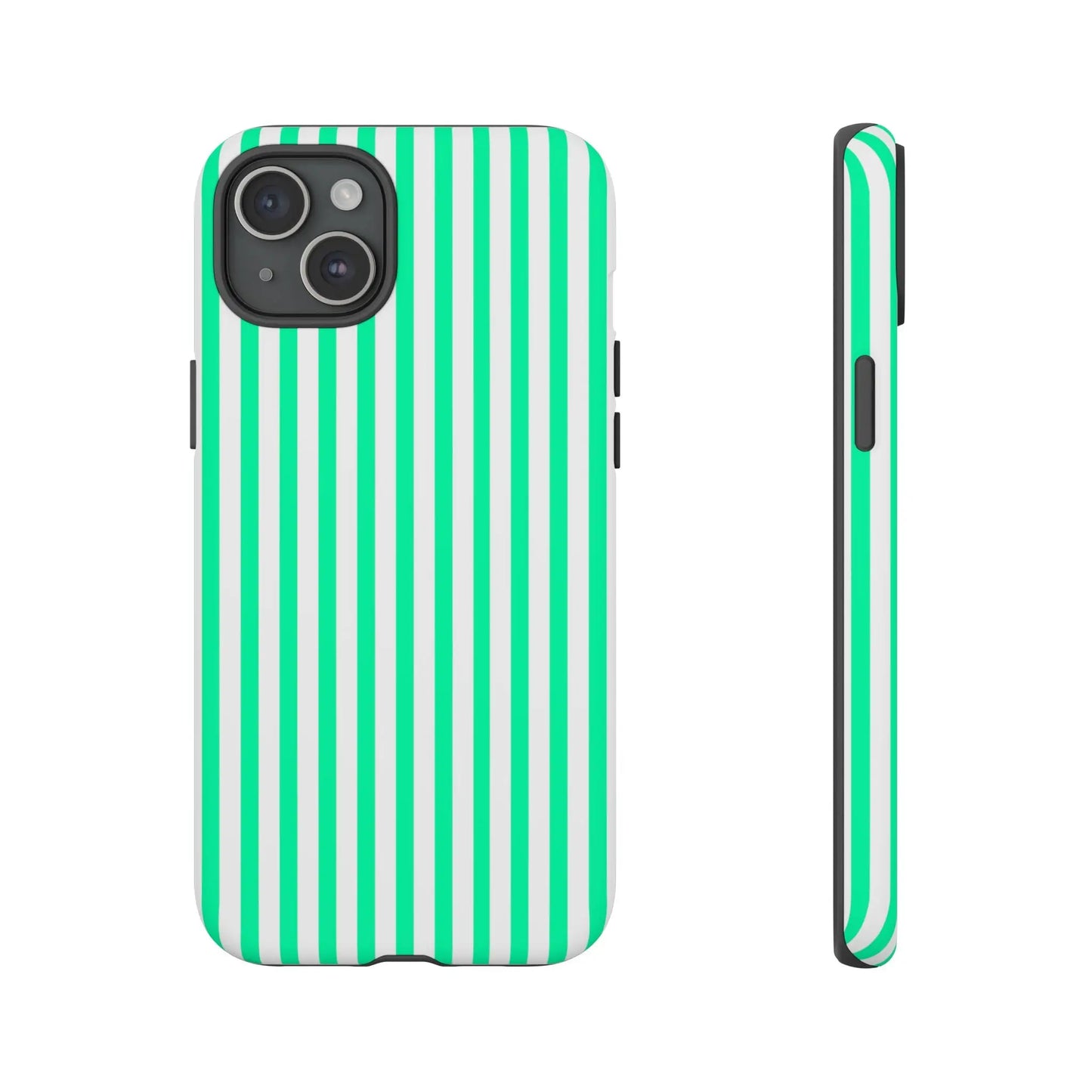 Back of a sleek iphone 13 tough case with bold mint green vertical stripe and crisp white stripes design