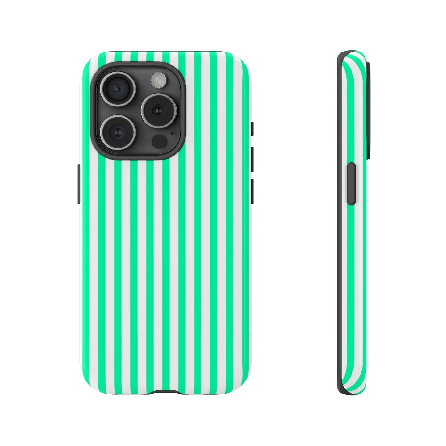 Back of a tough phone case for iphone 13 pro with bold mint green vertical stripe design and crisp white accents