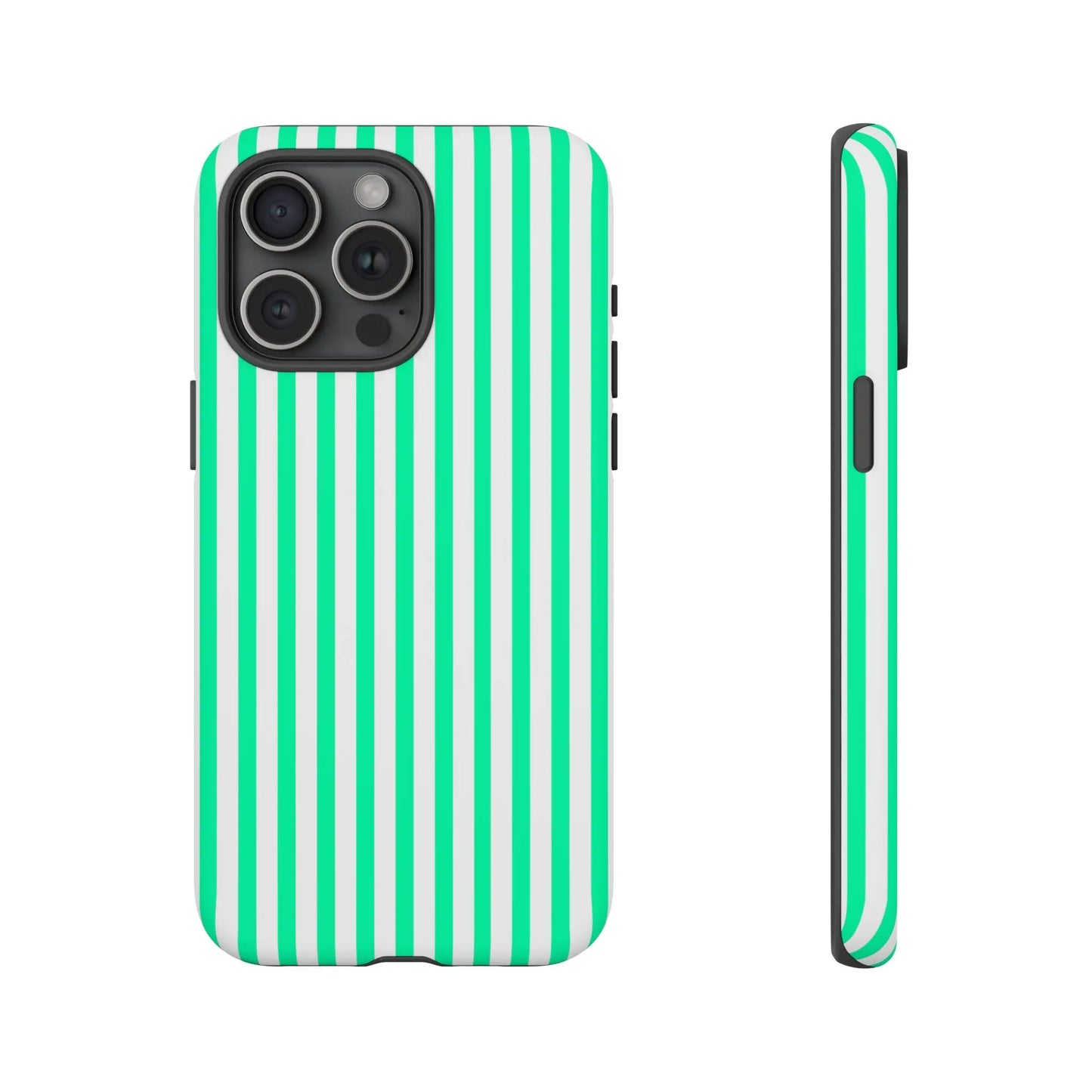 Back side of a mint green vertical stripe phone case for iphone 13 pro with a tough protective shell and precise cutouts