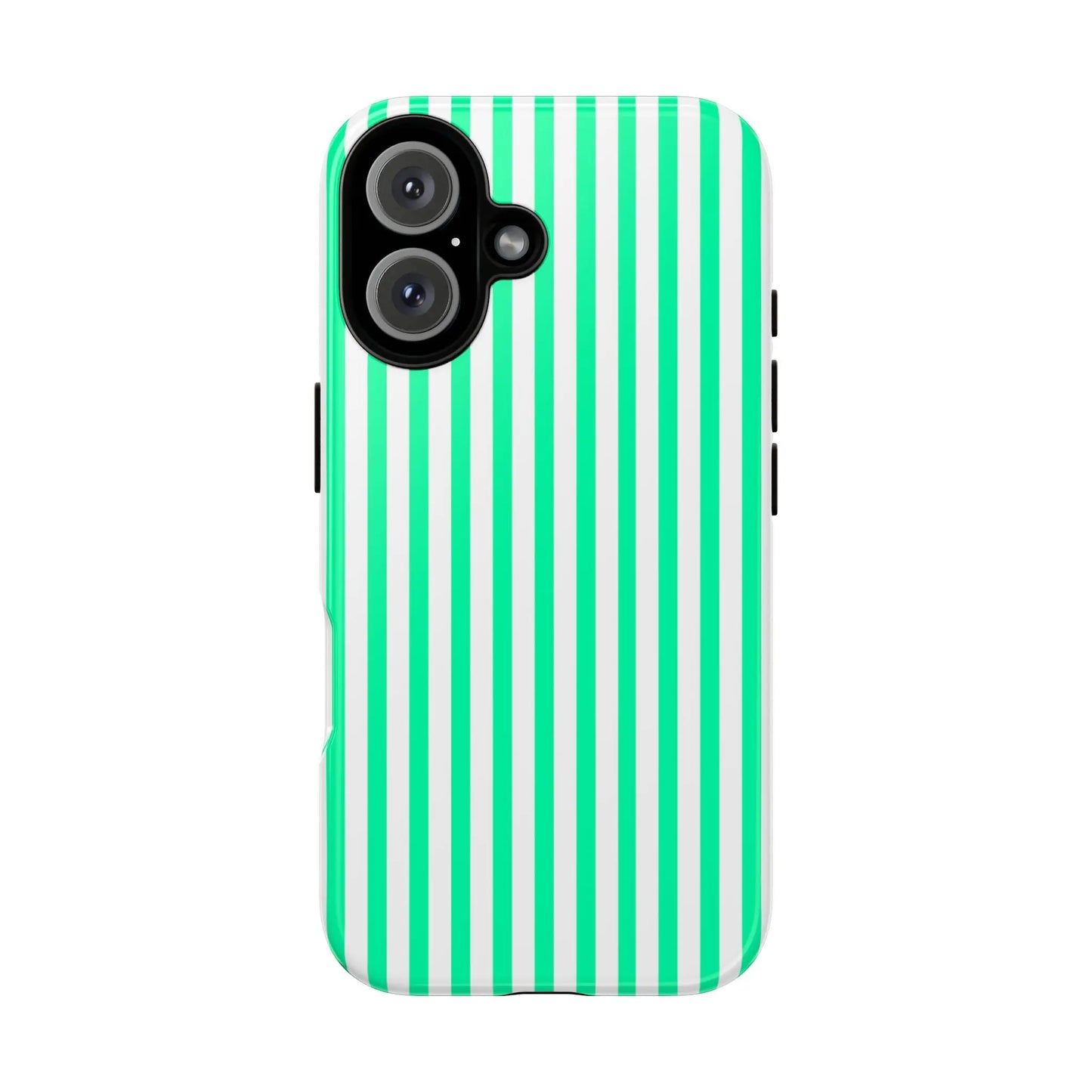 Back side of a sleek tough phone case with bold mint green vertical stripe and crisp white for modern smartphones