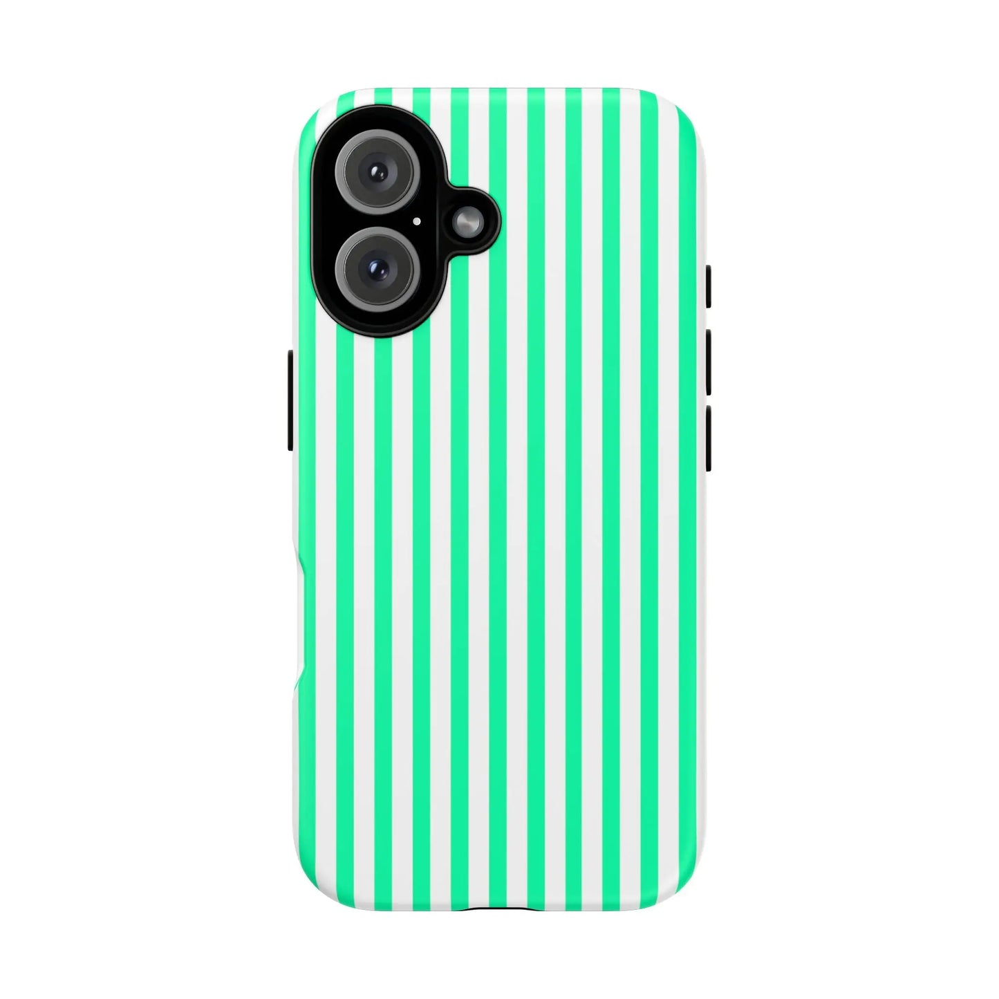 Back side of a tough mint green vertical stripe phone case with white stripes and a black camera cutout
