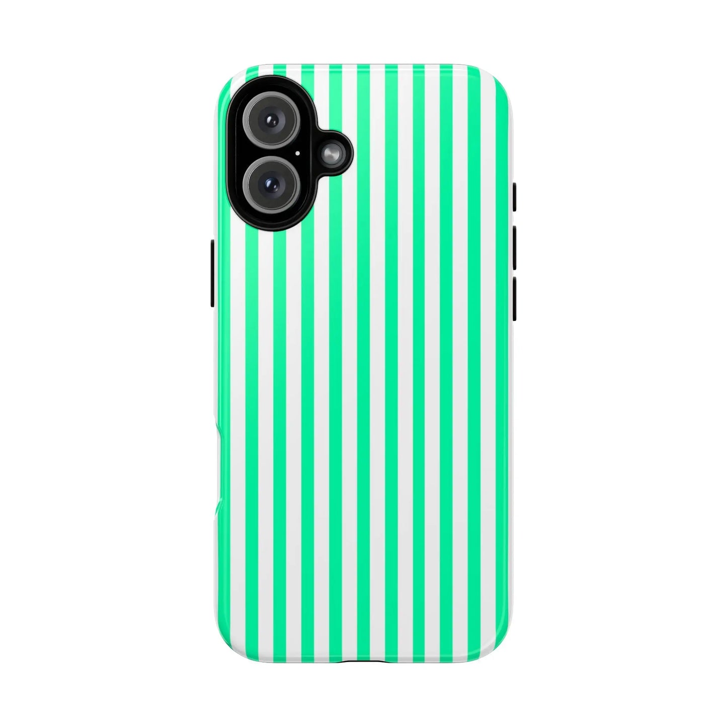 Back side of a sleek tough phone case with vibrant mint green vertical stripe and white vertical stripe design