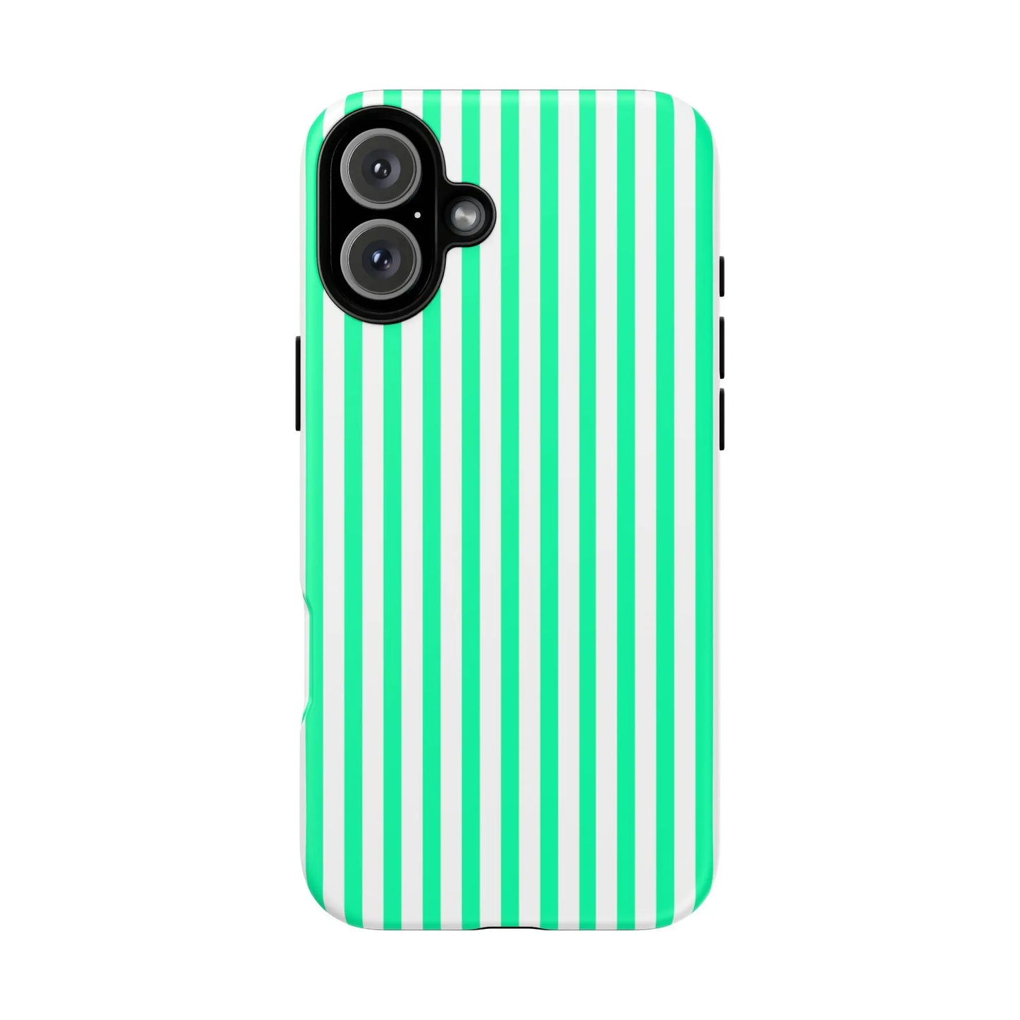 Back side of a sleek tough phone case with bold mint green vertical stripe and white stripes featuring a precise camera cutout