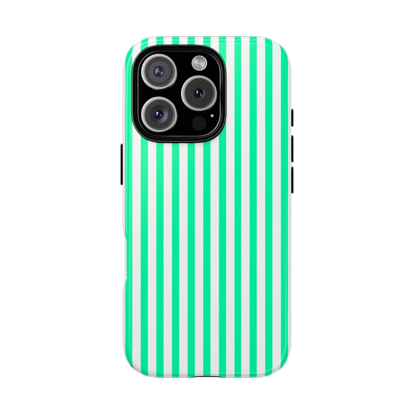 Back side of a sleek tough phone case for iphone 13 pro with bold mint green vertical stripe and white stripes design