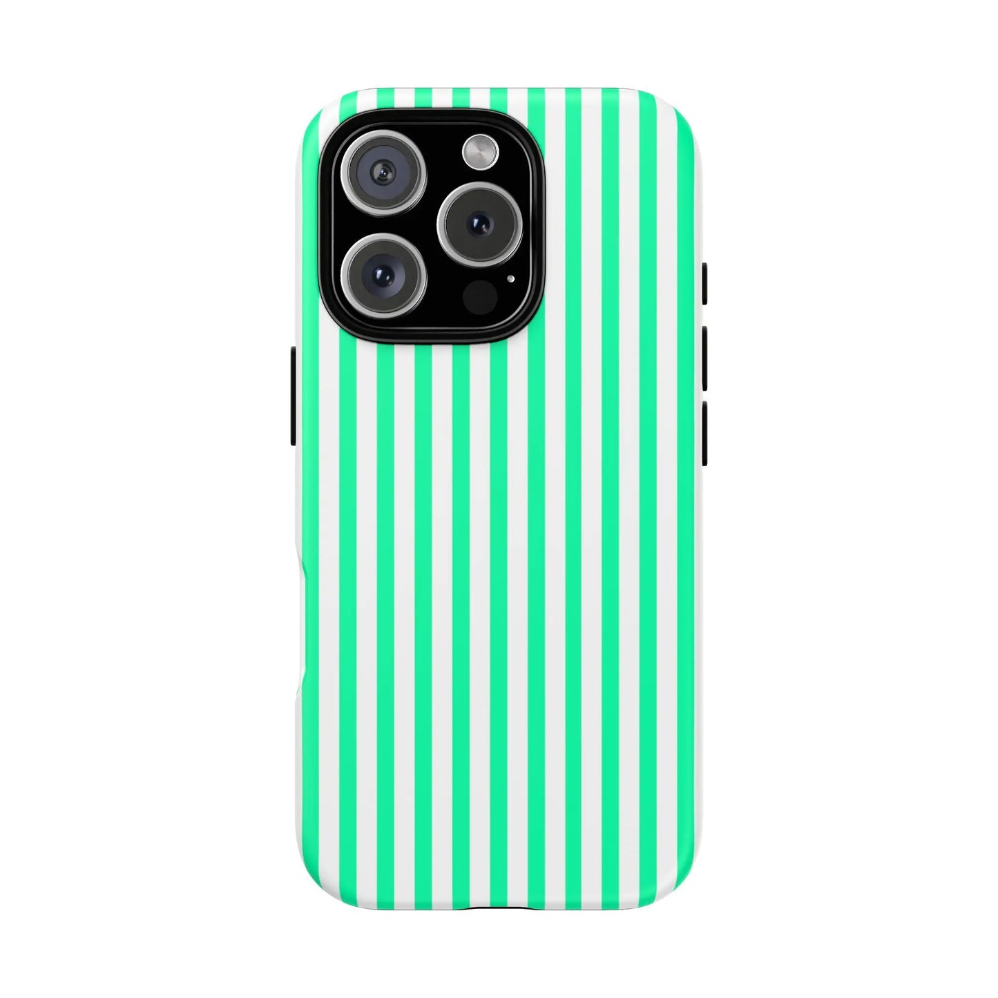 Back side of a mint green vertical stripe tough phone case with white stripes and a black camera cutout