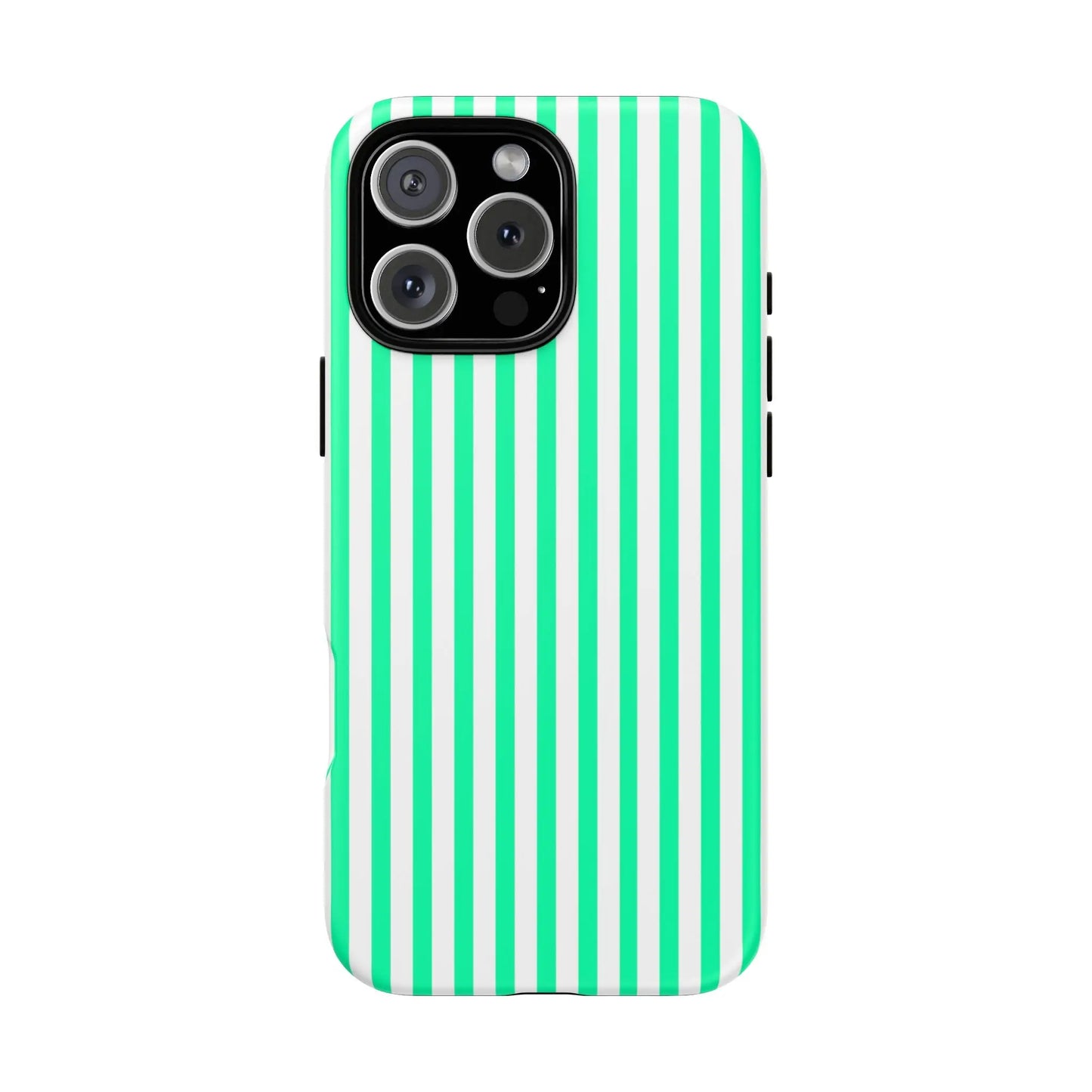 Back side of a sleek tough mint green vertical stripe phone case with bold white stripes for iphone 13 pro max