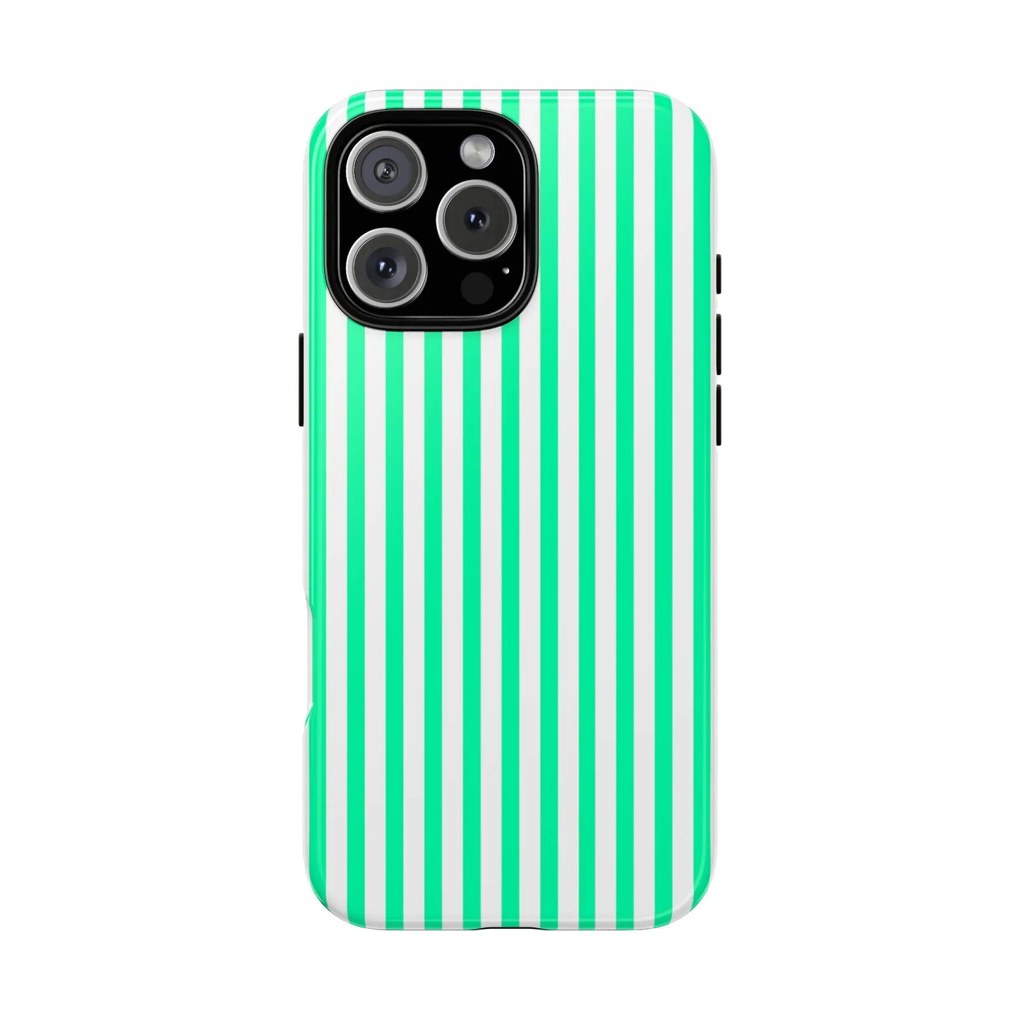 Back of a sleek tough phone case with bold mint green vertical stripe and white stripes for iphone 13 pro max