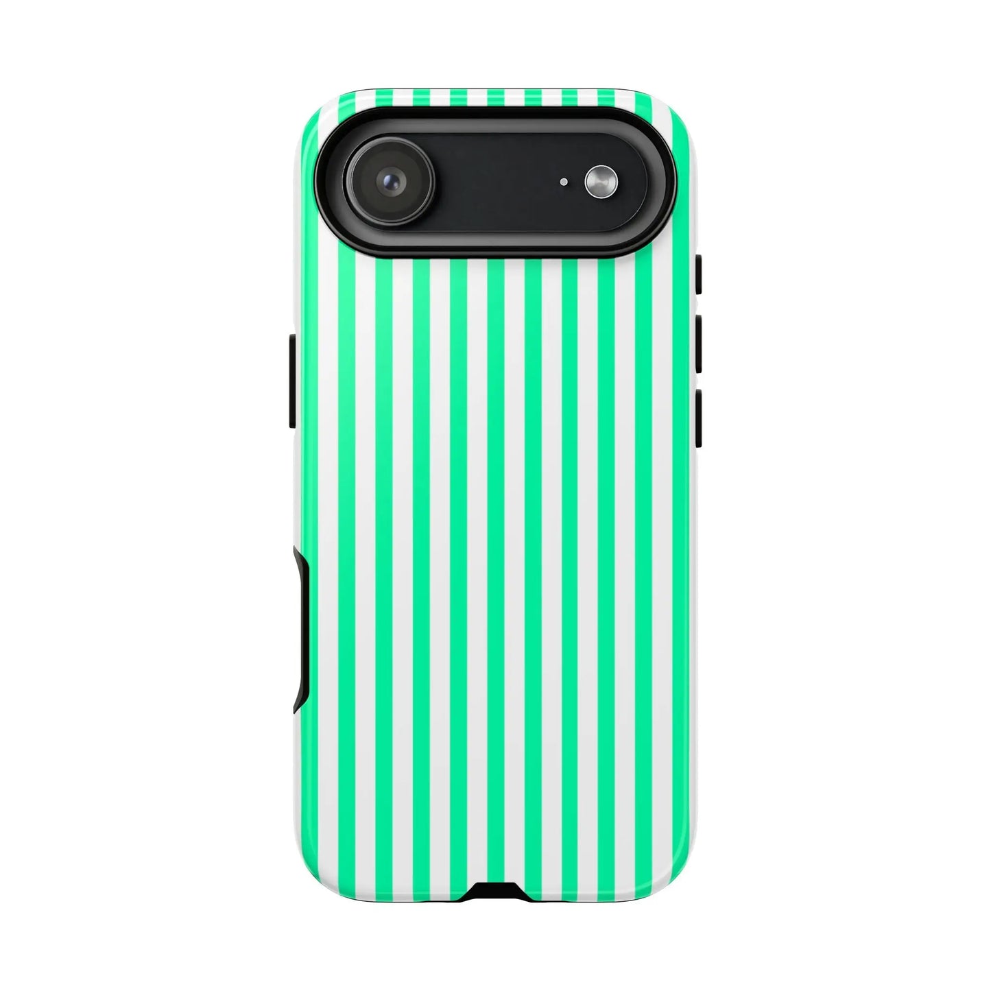 Back side of a tough mint green vertical stripe phone case with white stripes and black camera cutout for iphone 13 pro