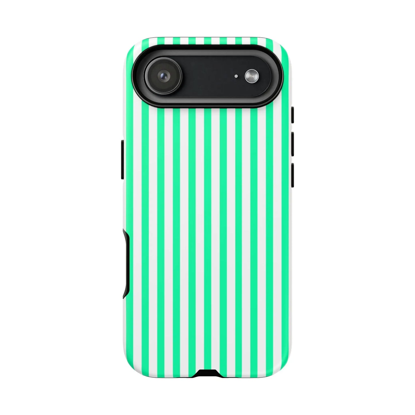 Back side of a tough mint green vertical stripe phone case for iphone 13 pro with white stripes and black camera cutout