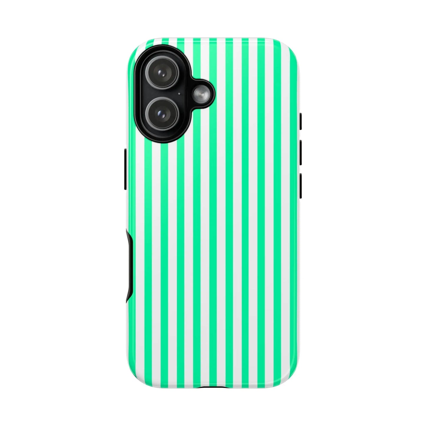 Vibrant mint green vertical stripe phone case with white stripes shown from the back for a tough protective fit