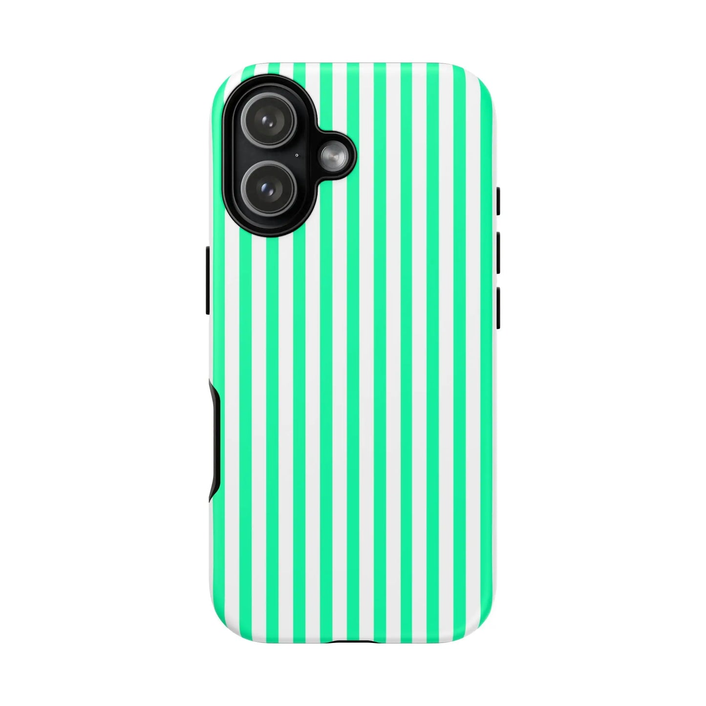 Back of a mint green vertical stripe tough phone case with bold white stripes and a precise camera cutout