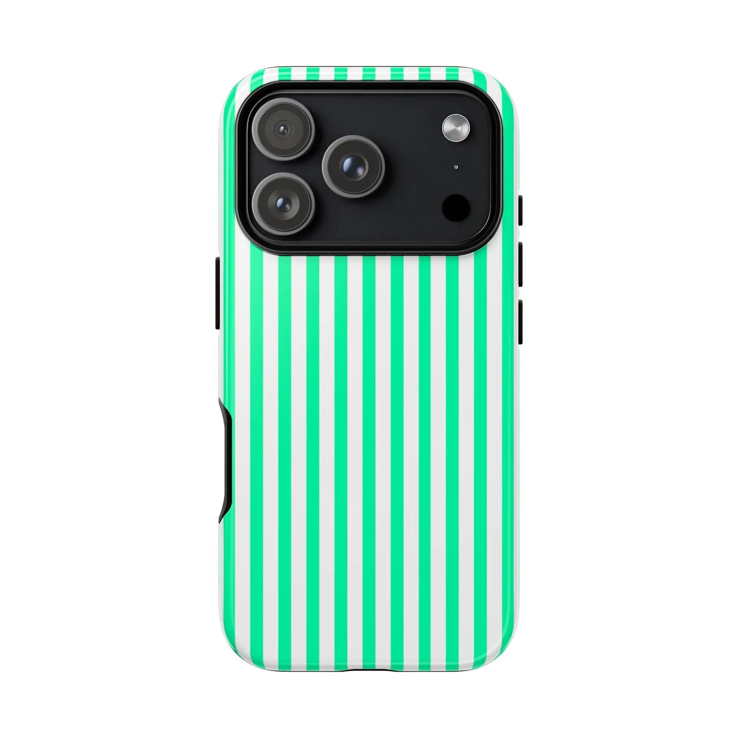 Mint green vertical stripe tough phone case with vibrant green and white vertical stripe design shown from the back side