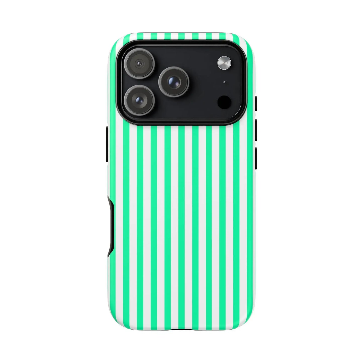 Back of a mint green vertical stripe phone case with vibrant white stripes and a sleek protective design tough case