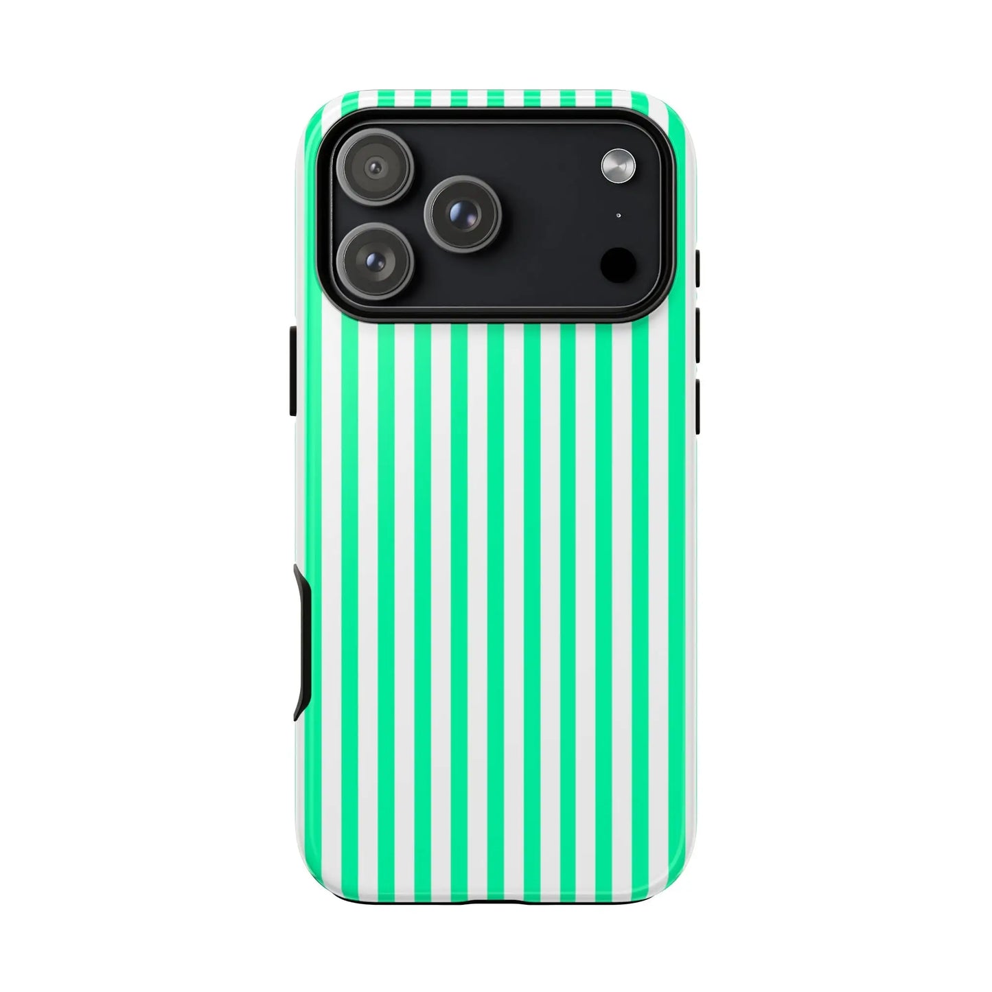 Back view of a tough mint green vertical stripe phone case for iphone 13 pro max with white stripes and black camera cutout