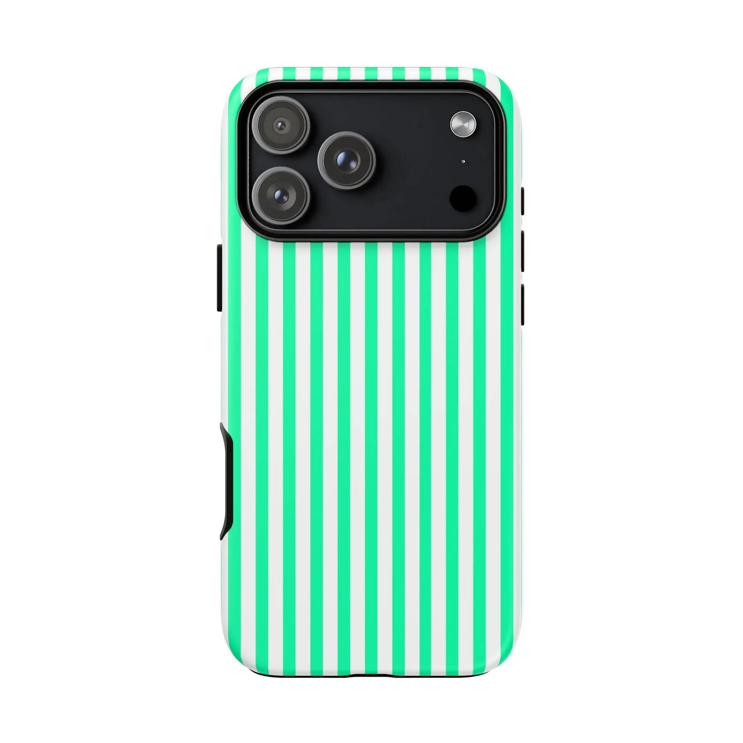 Back side of a mint green vertical stripe tough phone case with white stripes and black camera cutout for iphone 13 pro