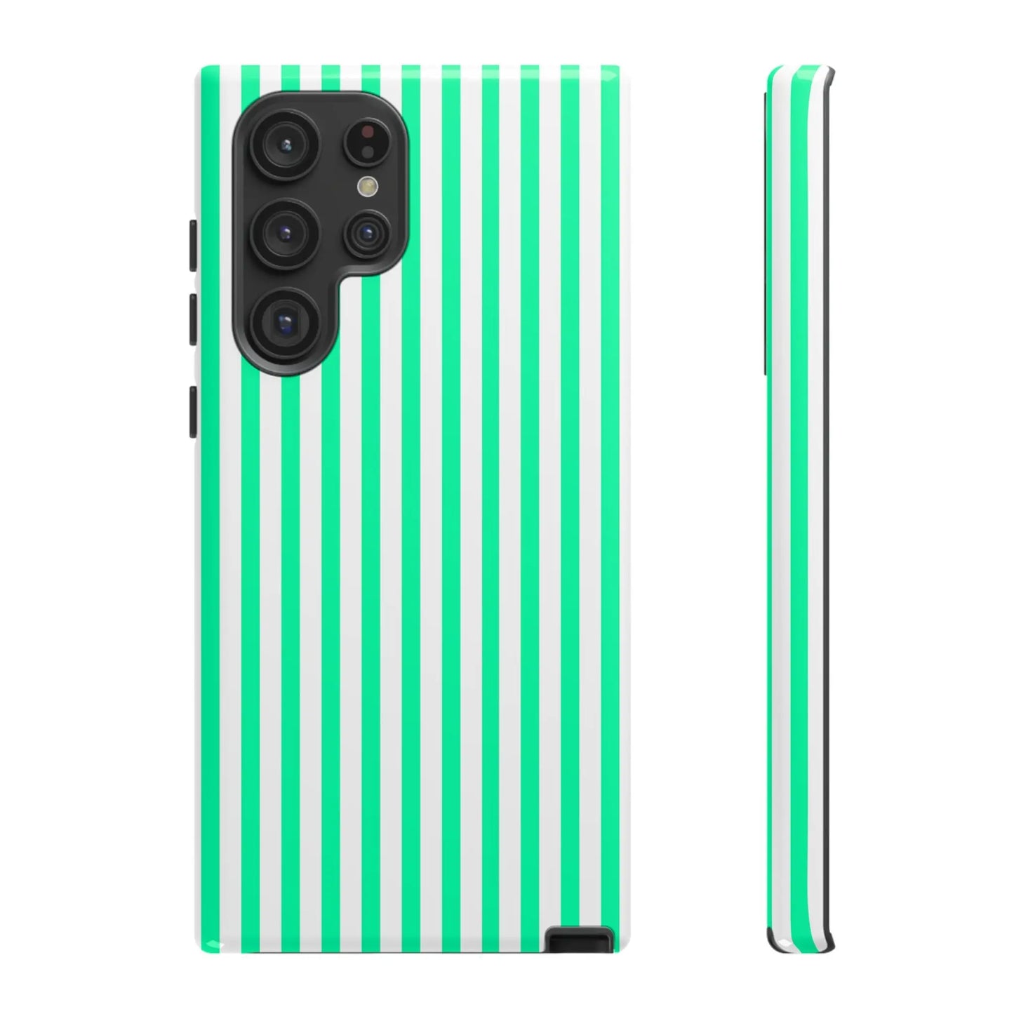 Back of a tough samsung galaxy s23 ultra phone case with bold mint green vertical stripe design and white accents